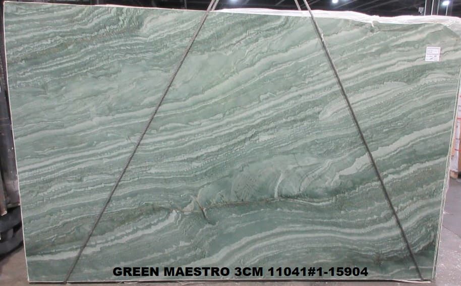 Maestro Green, a quartzite slab, at KLZ Stone Supply in Dallas