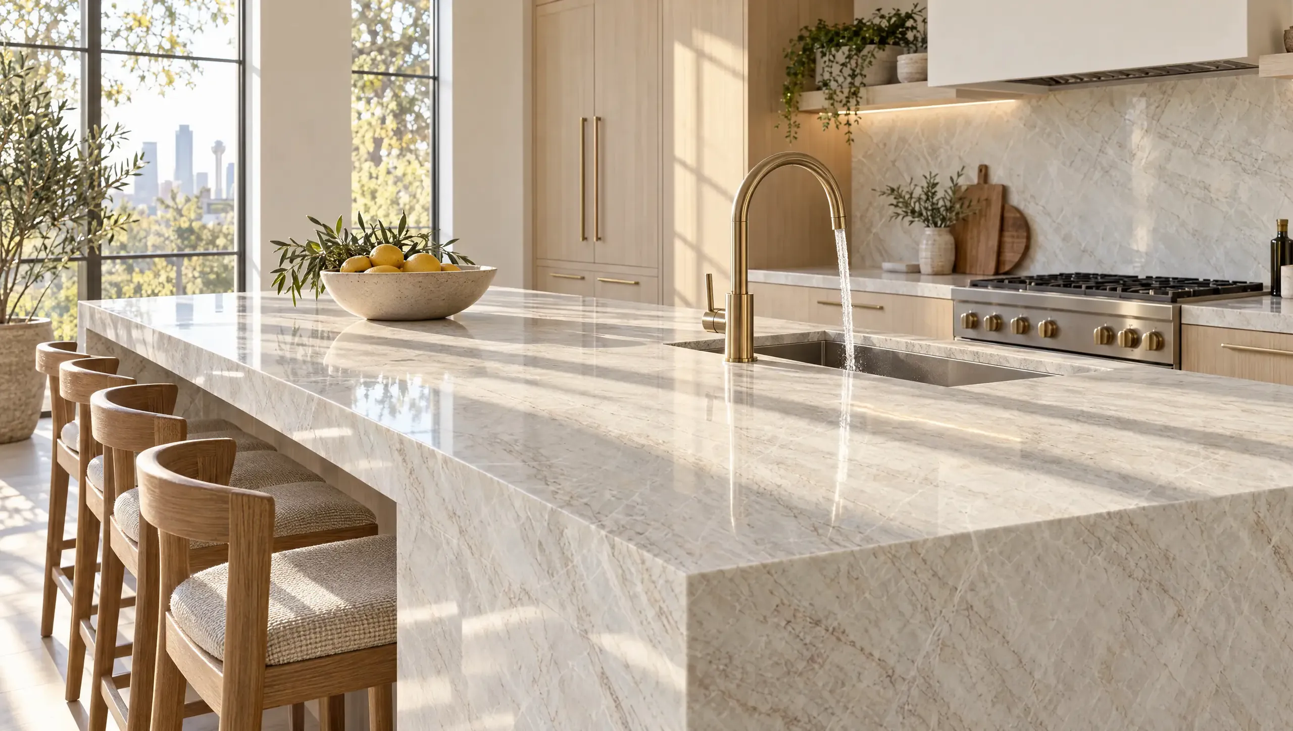A bright kitchen island in pale veined stone with a brass tap and the Dallas skyline in the window