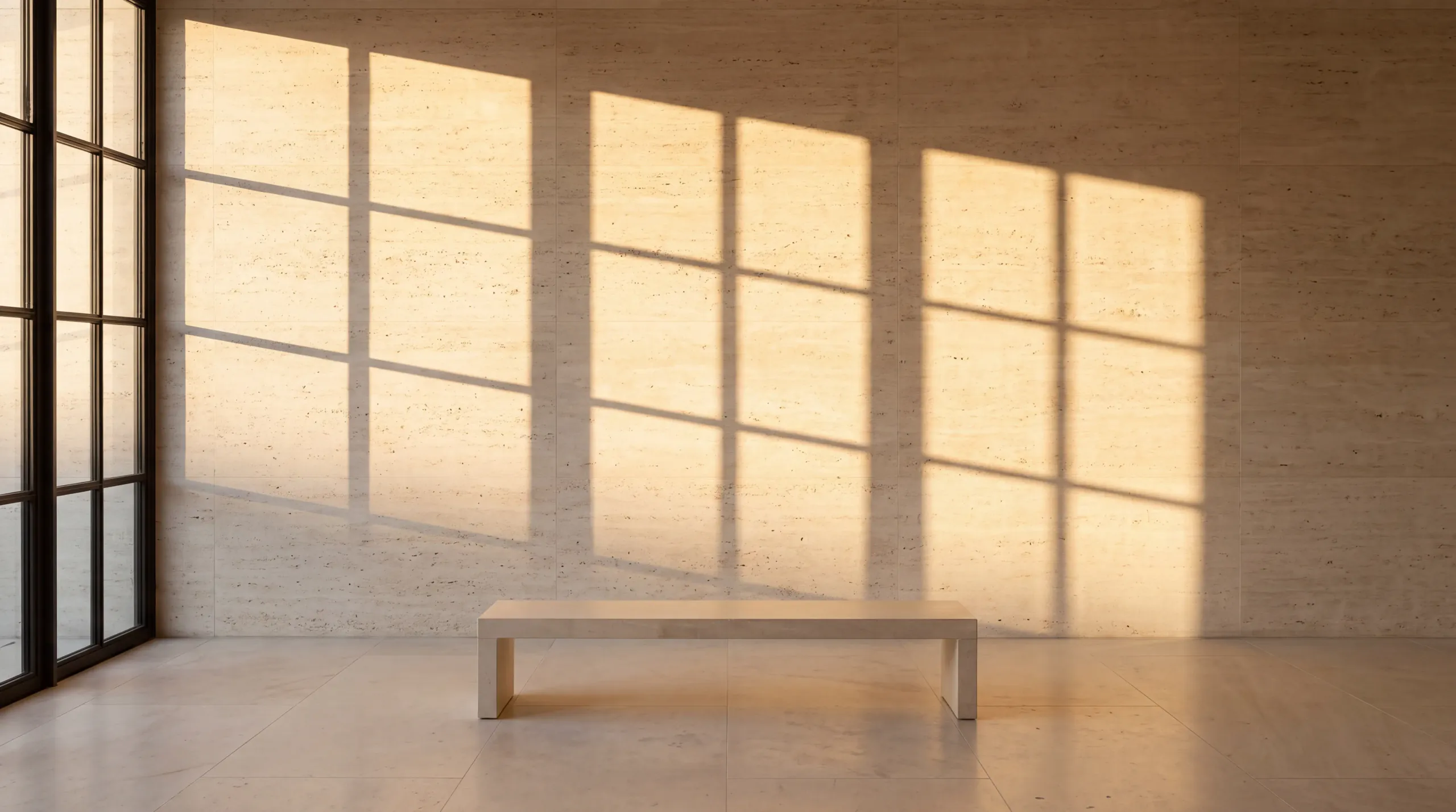 Afternoon sun across a honed travertine wall above a low stone bench