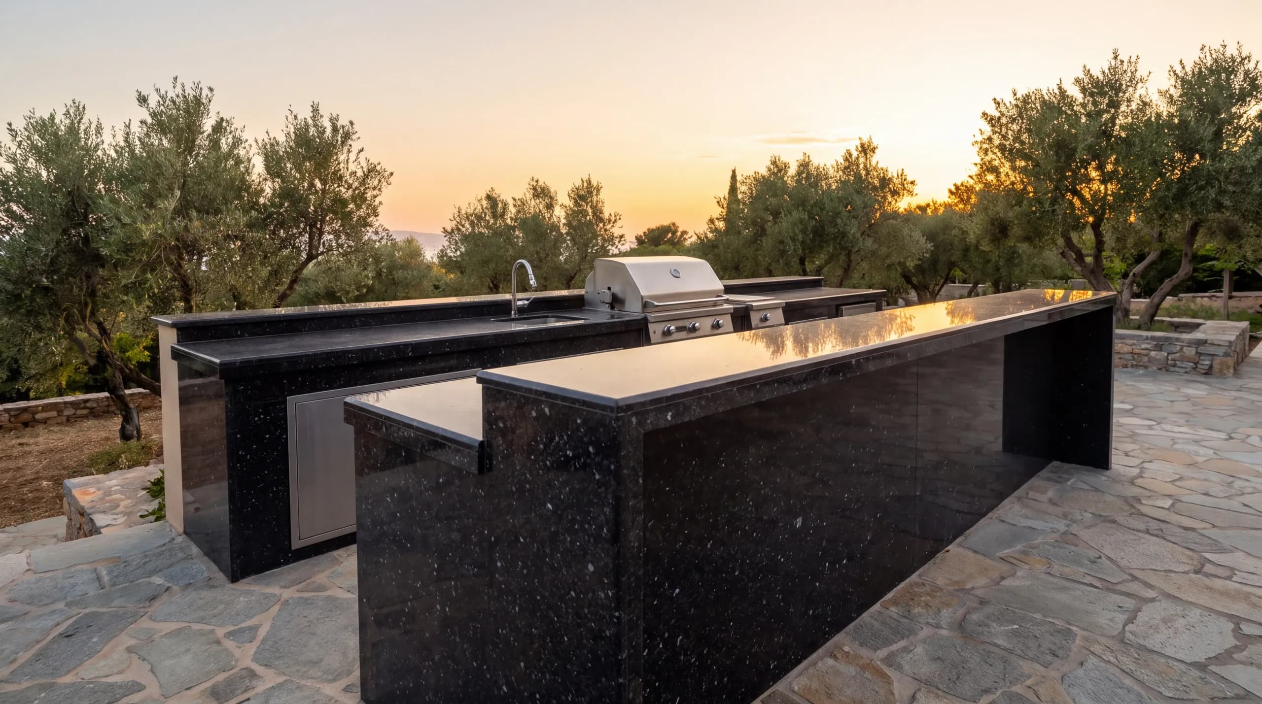 An outdoor kitchen in black granite on a terrace at golden hour