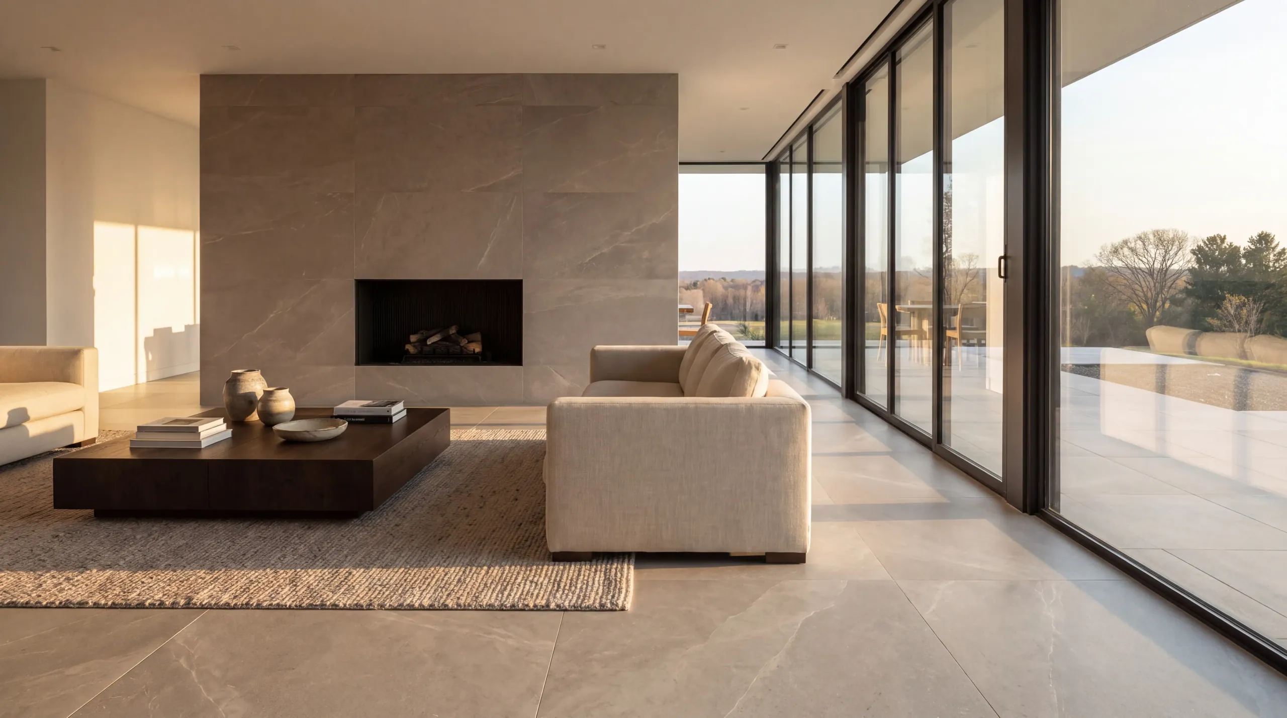 A living room with large-format porcelain floors and fireplace wall