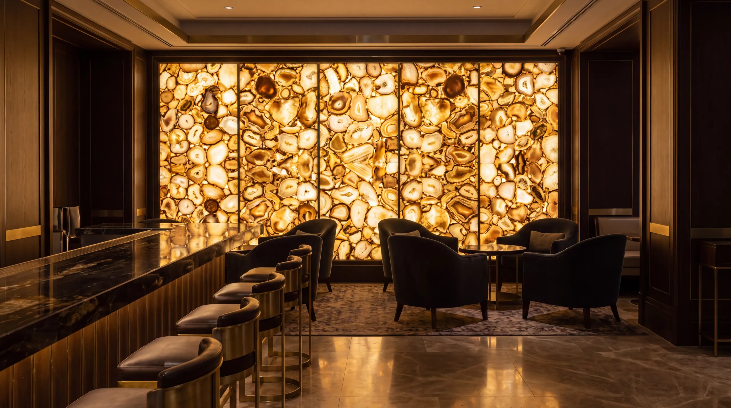 A dark lounge bar with a wall of backlit agate glowing amber
