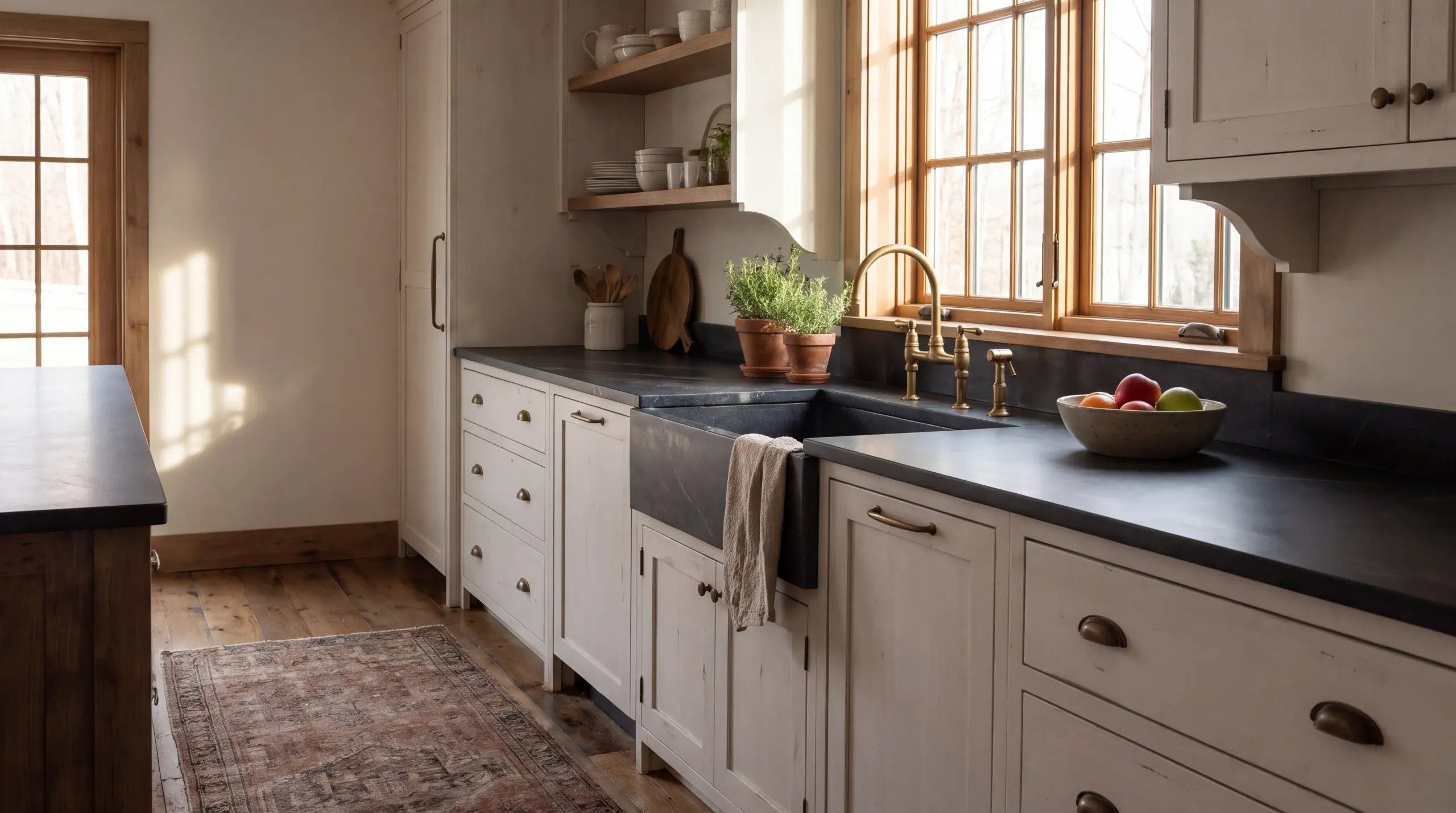 A farmhouse kitchen with charcoal soapstone counters and sink