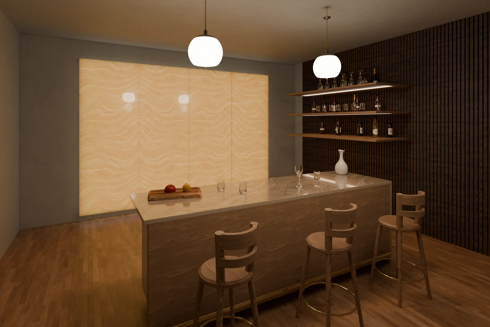A rendered bar with a wall of amber agate panels lit from behind, above a polished stone counter