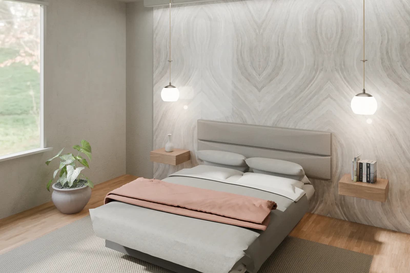 A rendered bedroom with a bookmatched pale quartzite wall running floor to ceiling behind a low bed