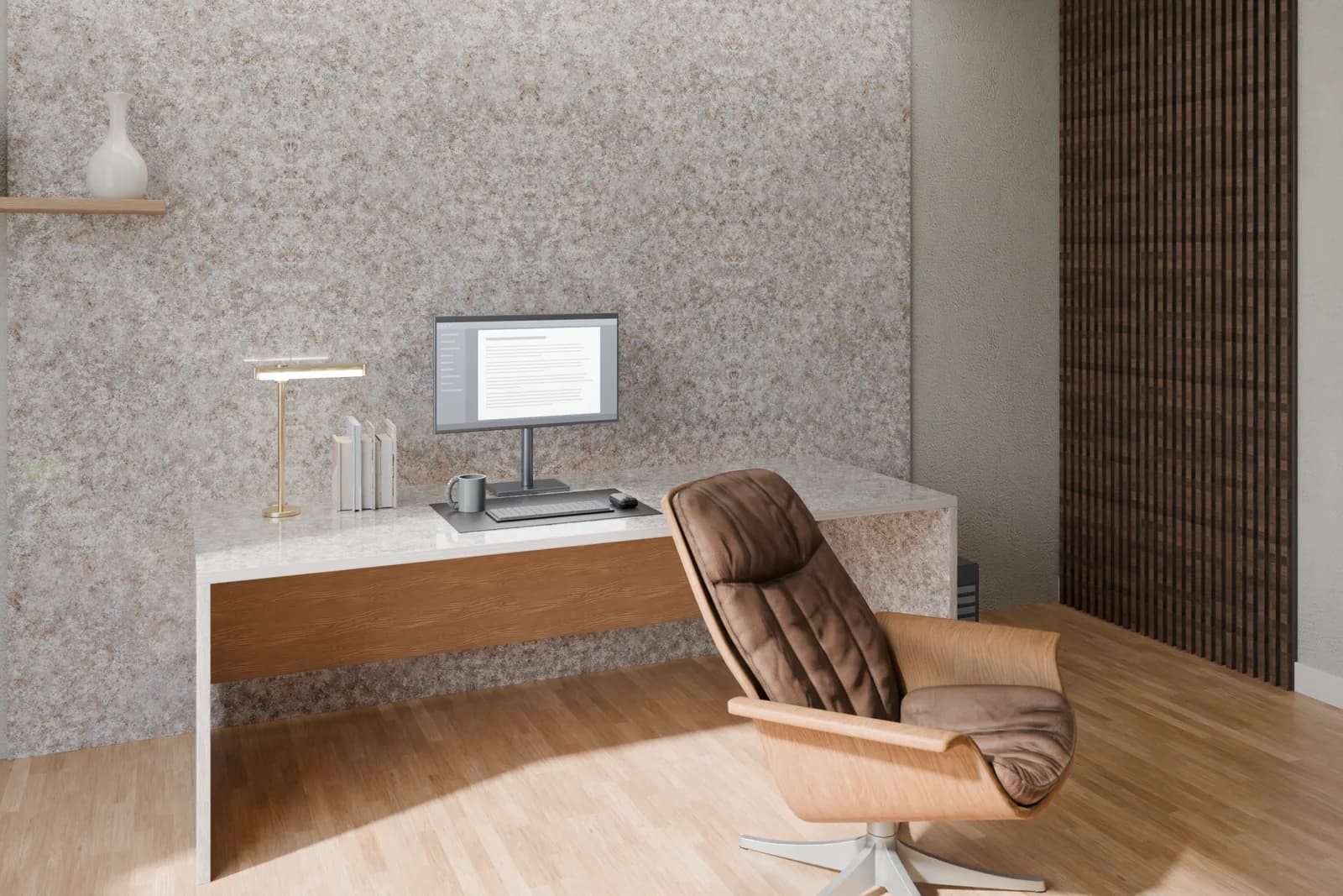 A rendered study with a granite waterfall desk in front of a granite wall, beside a window