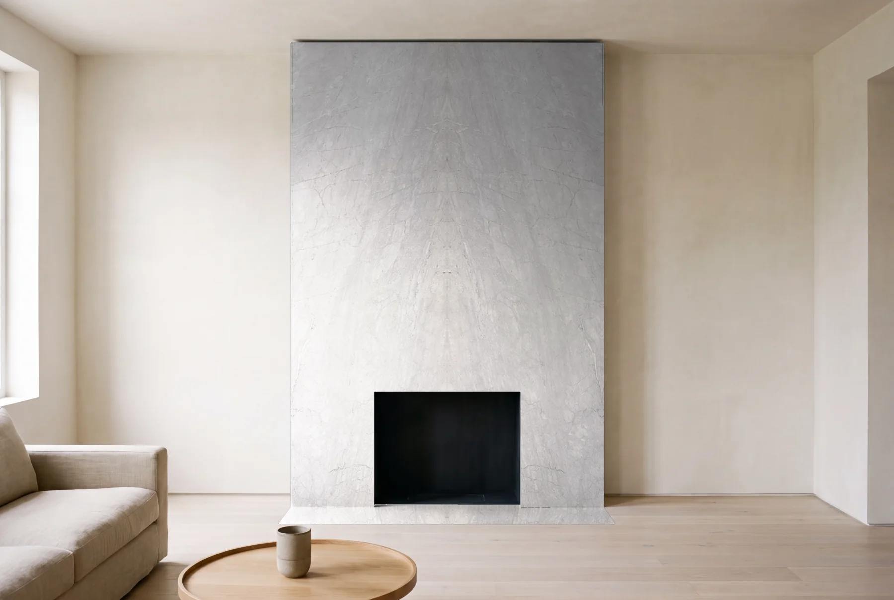 Bardiglio porcelain as a floor-to-ceiling fireplace wall, visualized