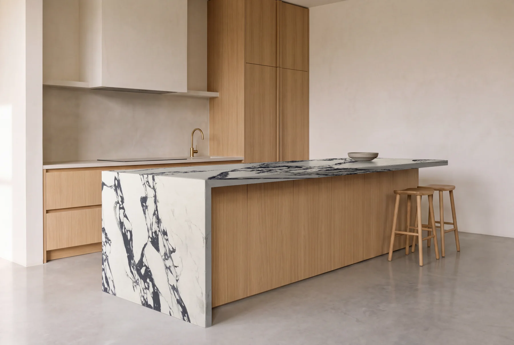 Arabescato Corchia quartz as a waterfall island in an oak kitchen, visualized