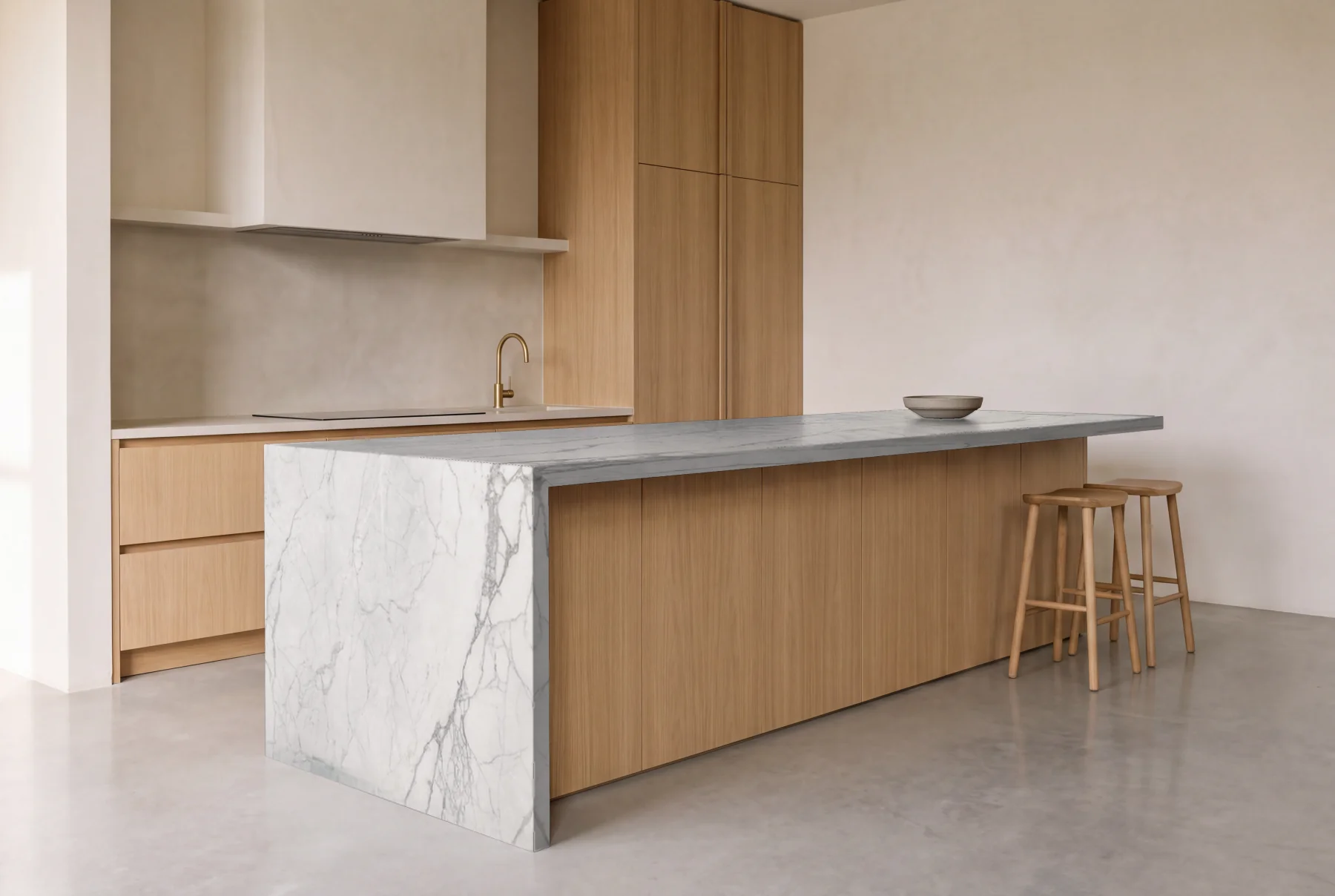 Venato Apuano Leather marble as a waterfall island in an oak kitchen, visualized