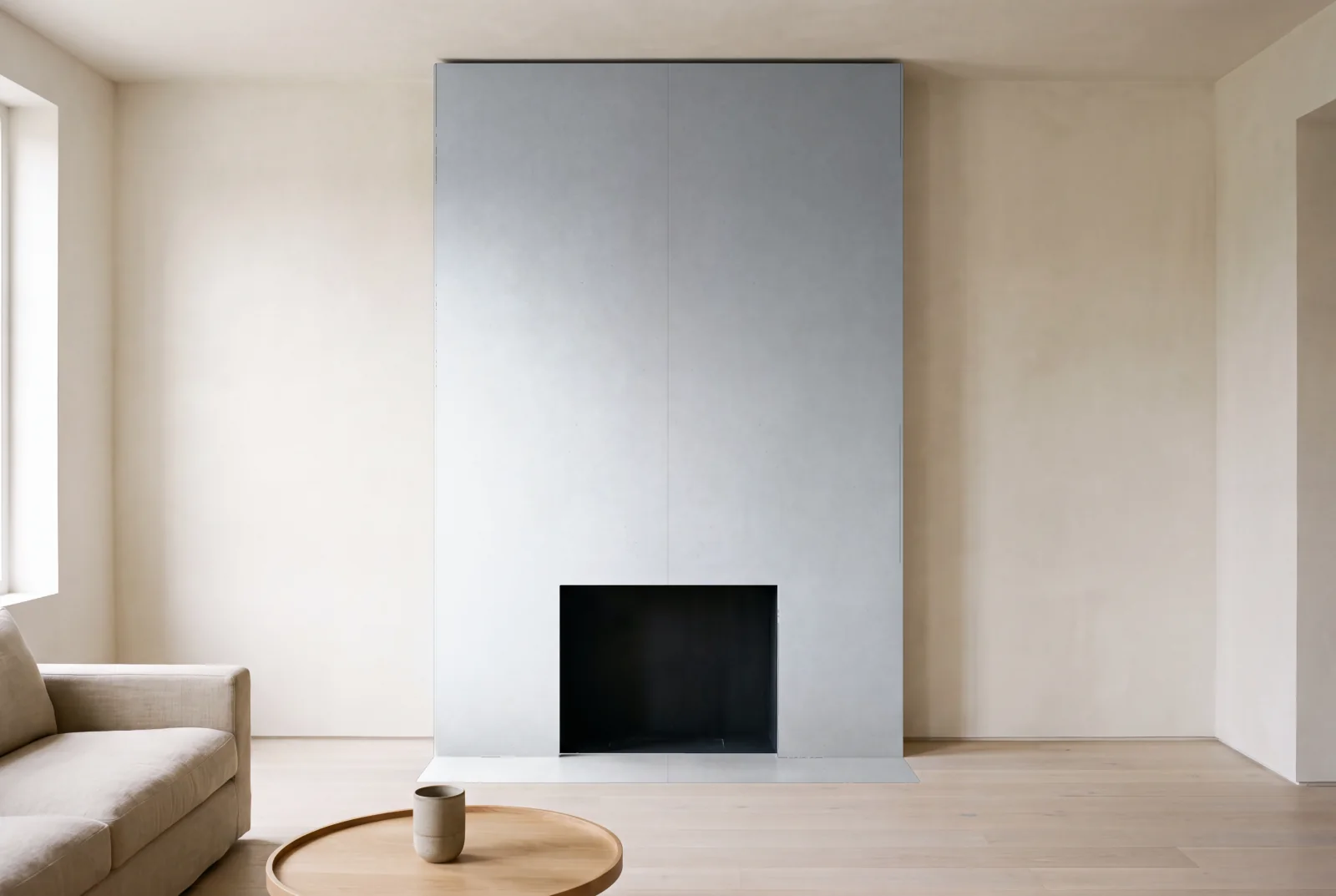 Visualization of Absolute White as a floor-to-ceiling fireplace wall in a living room