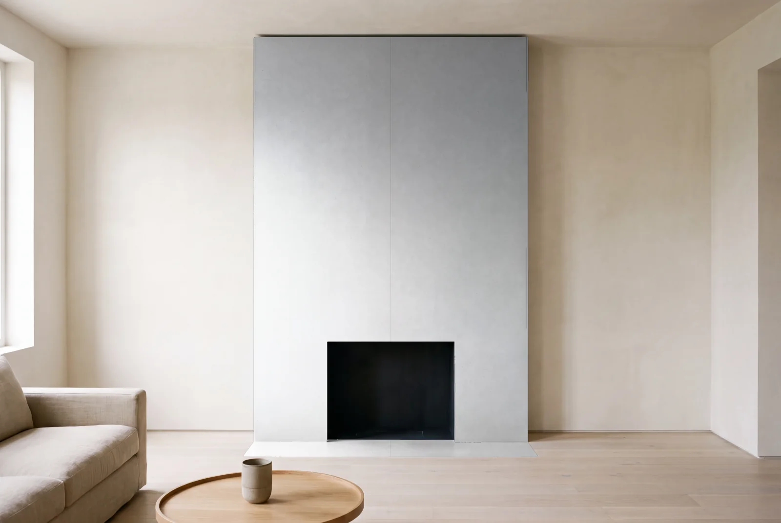 Visualization of Absolute White Honed as a floor-to-ceiling fireplace wall in a living room