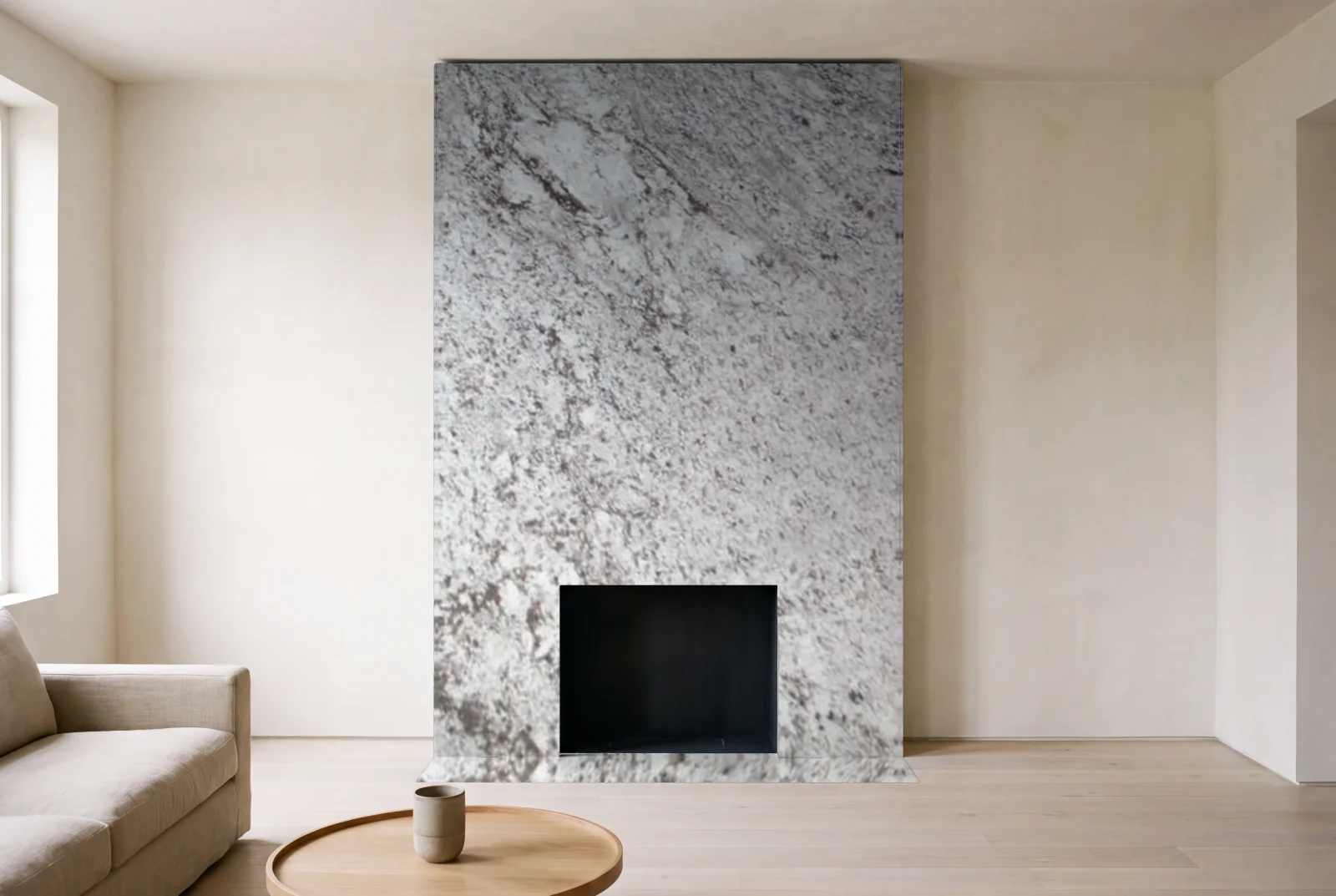 Visualization of Alaska White as a floor-to-ceiling fireplace wall in a living room