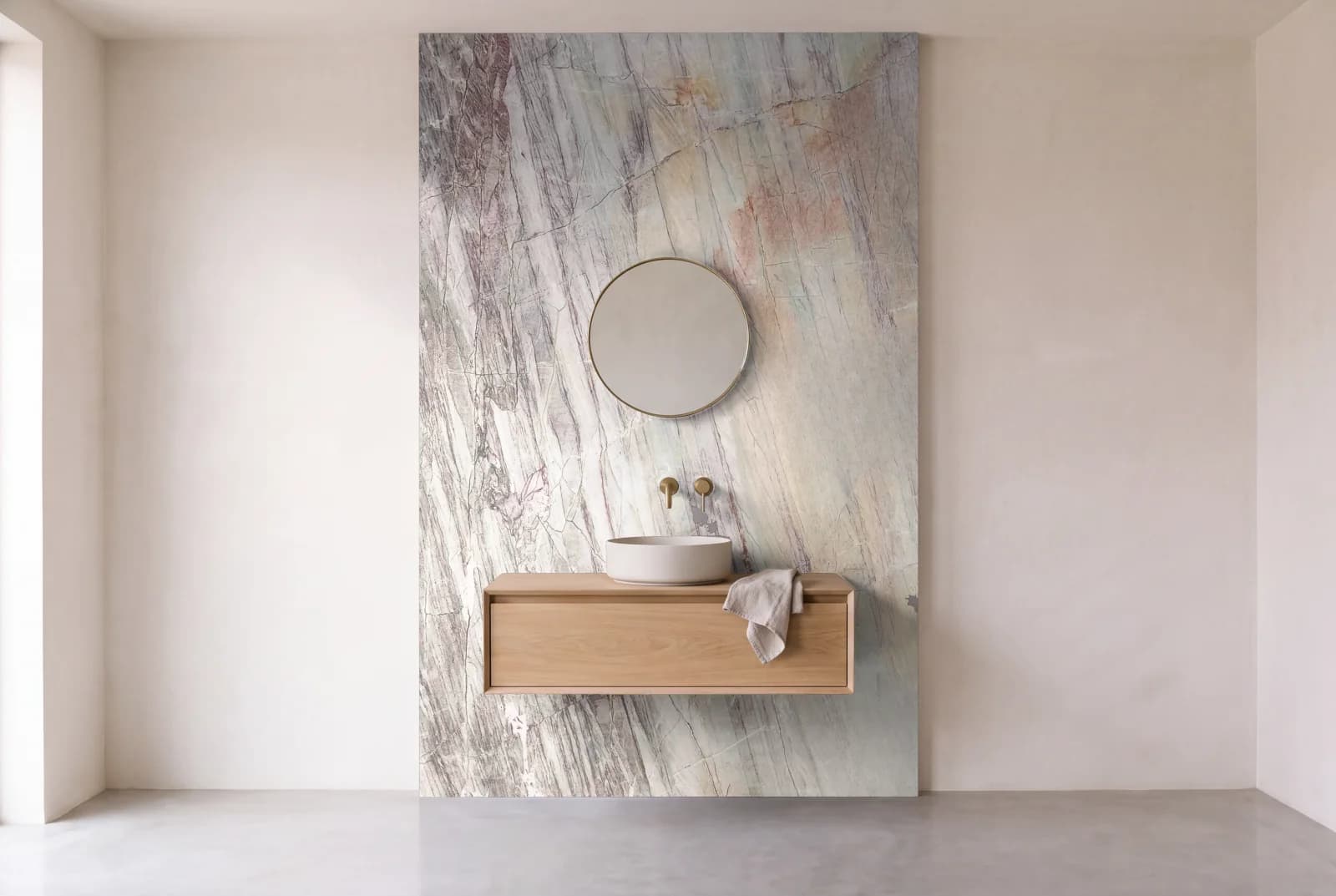 Visualization of Aligator as one slab behind a floating bathroom vanity