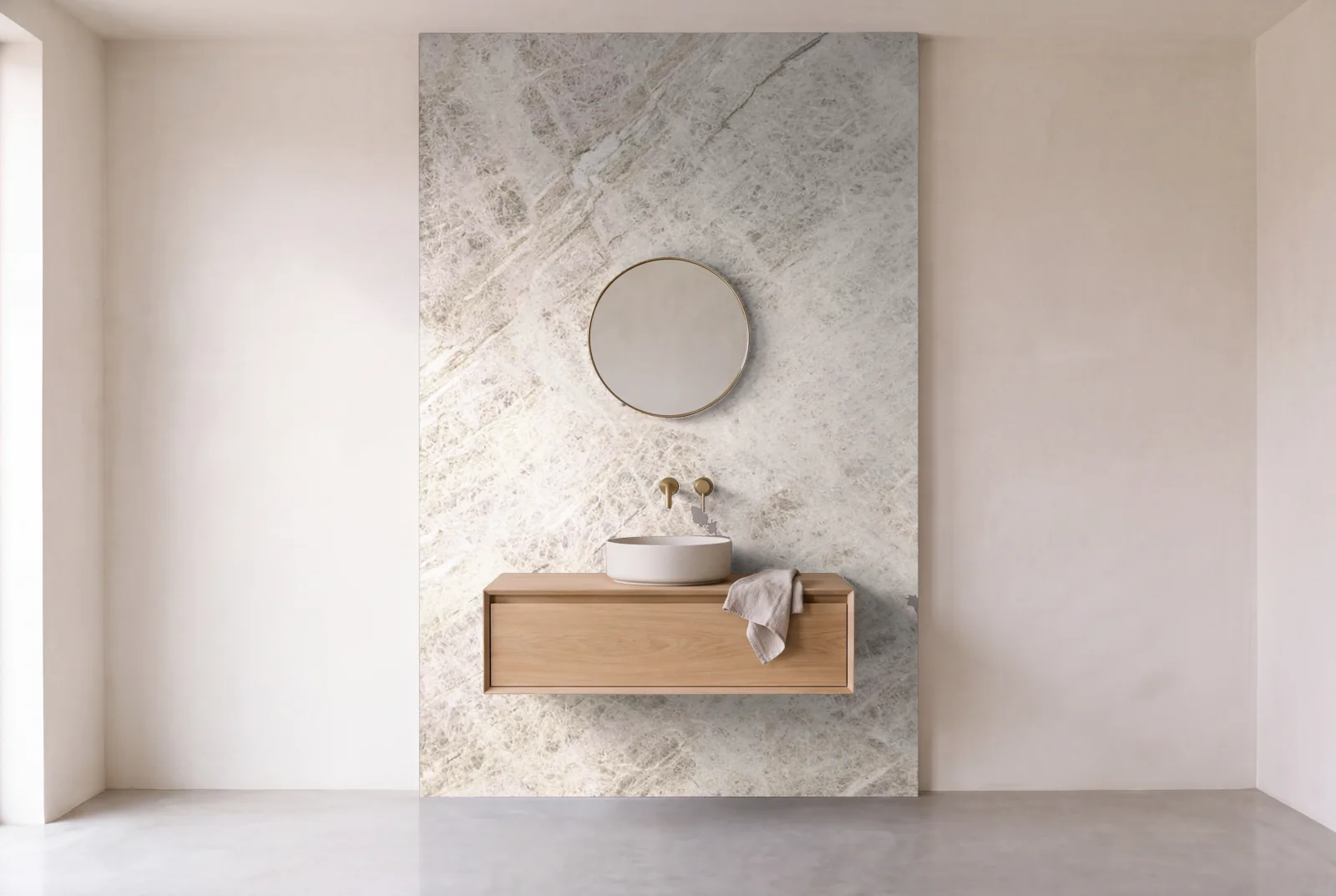 Visualization of Allure as one slab behind a floating bathroom vanity