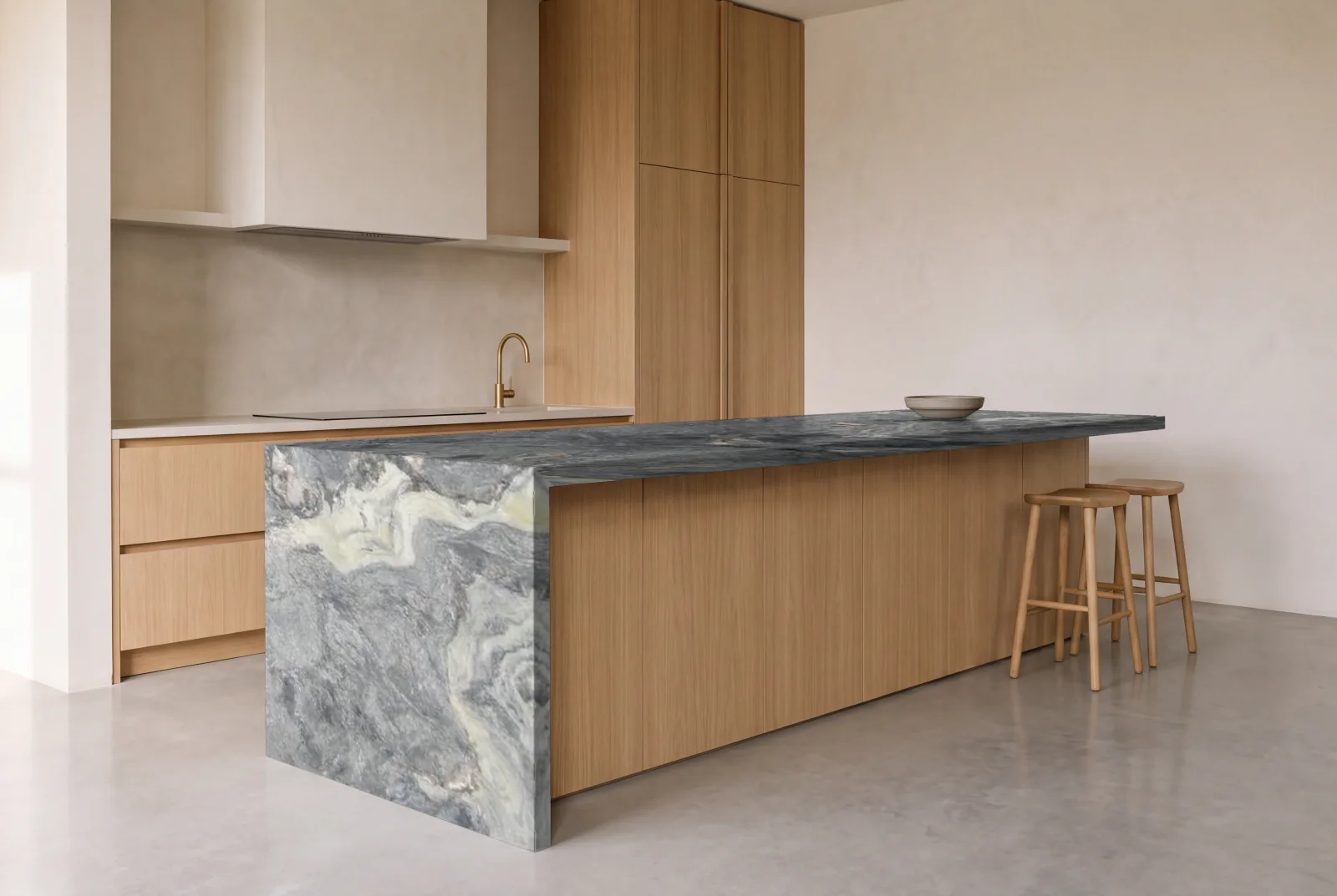 Visualization of Amazon Leather as a waterfall island in an oak kitchen