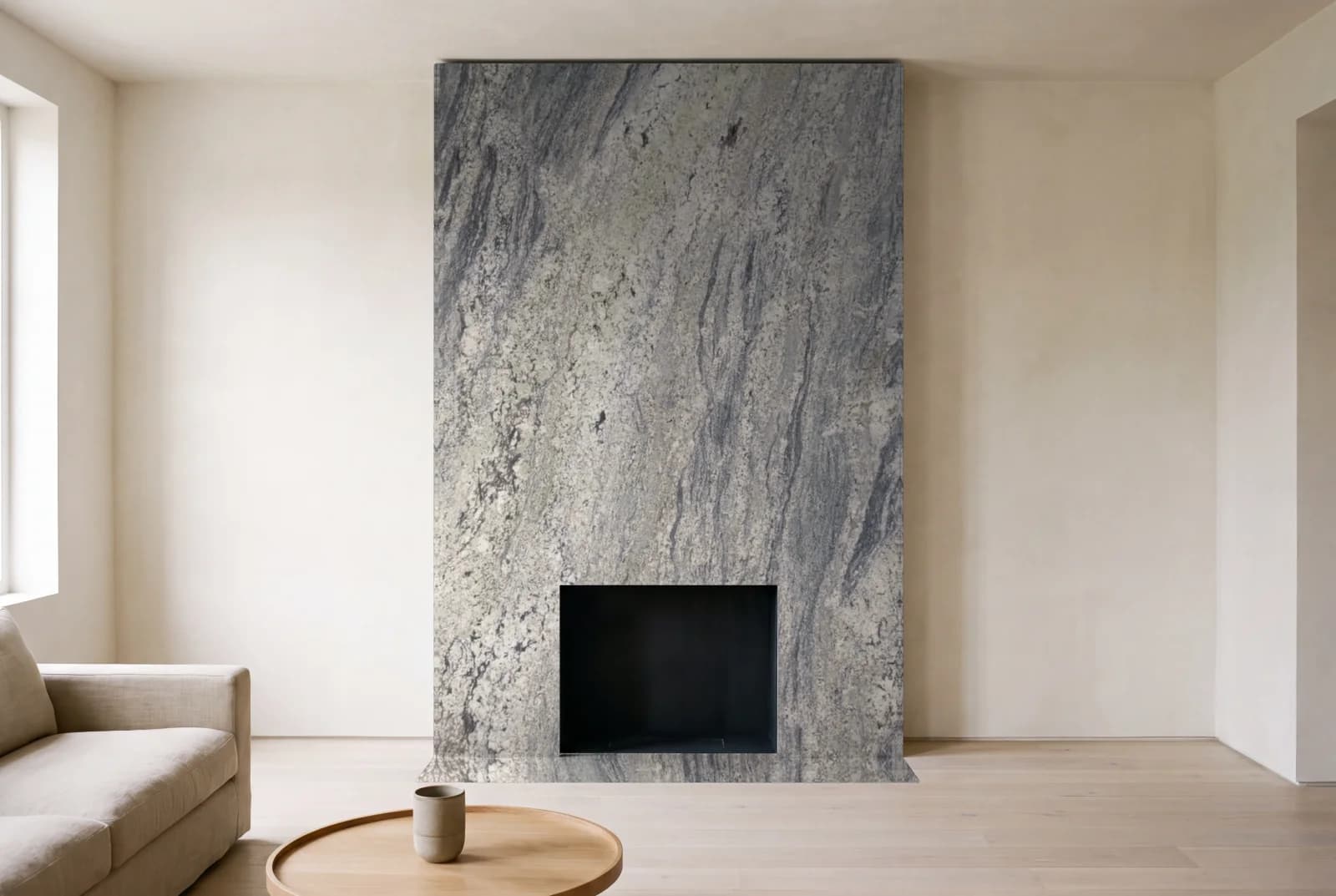 Visualization of Andino Leather as a floor-to-ceiling fireplace wall in a living room