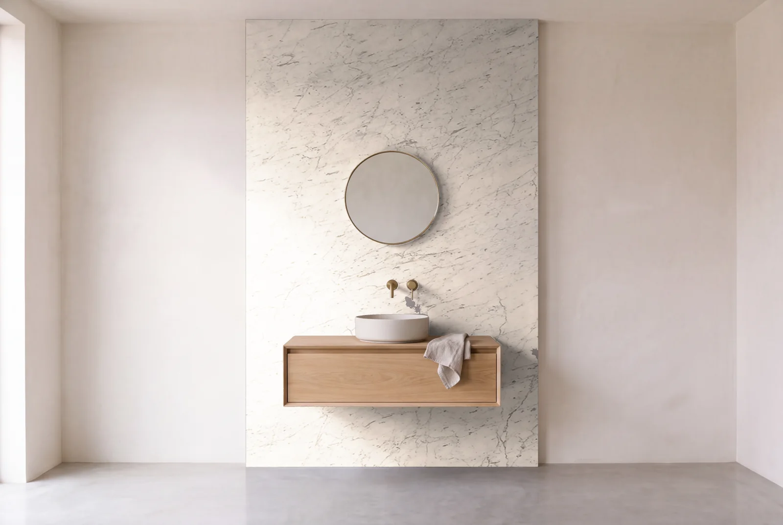 Visualization of Arabescato as one slab behind a floating bathroom vanity