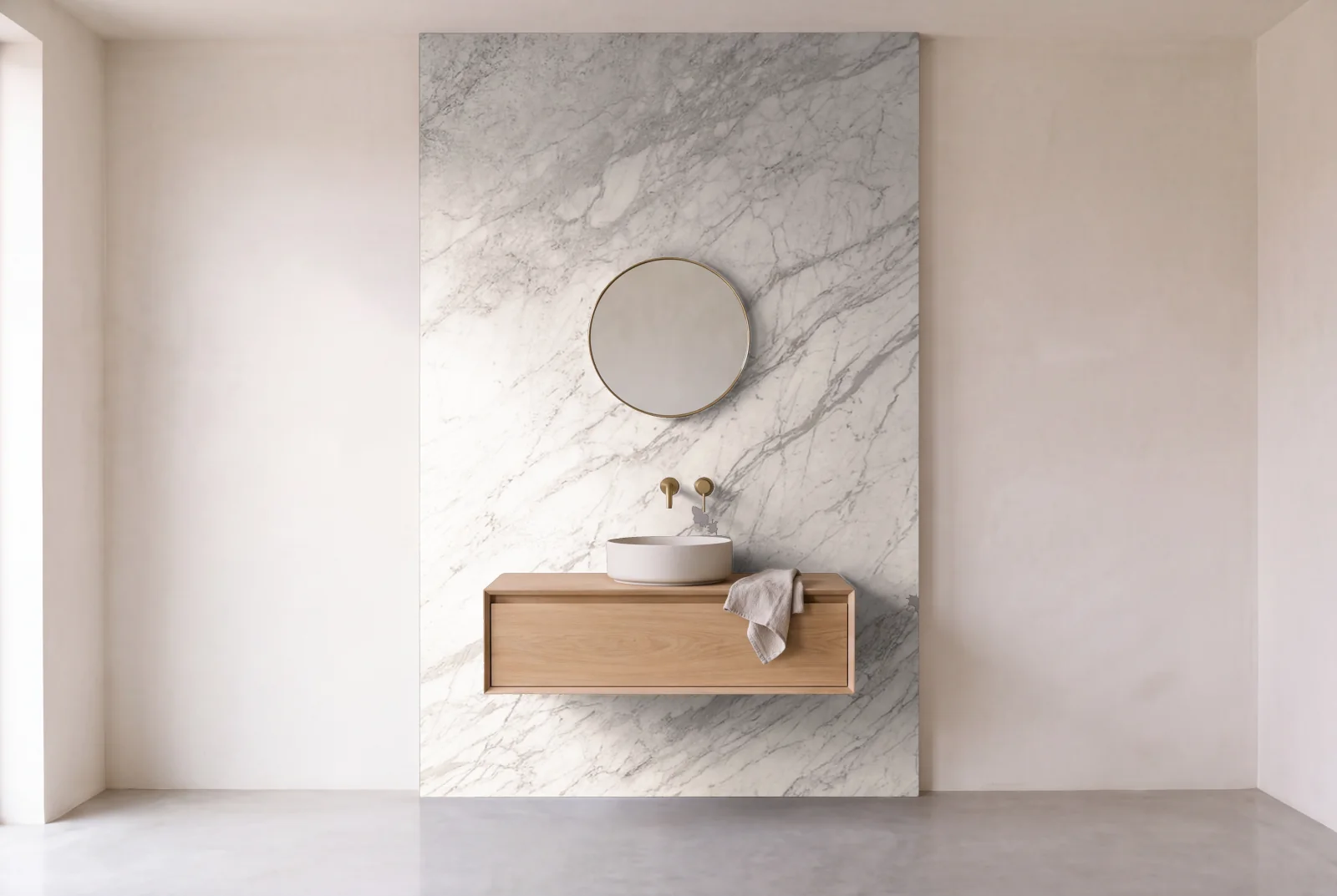 Visualization of Arabescato honed as one slab behind a floating bathroom vanity