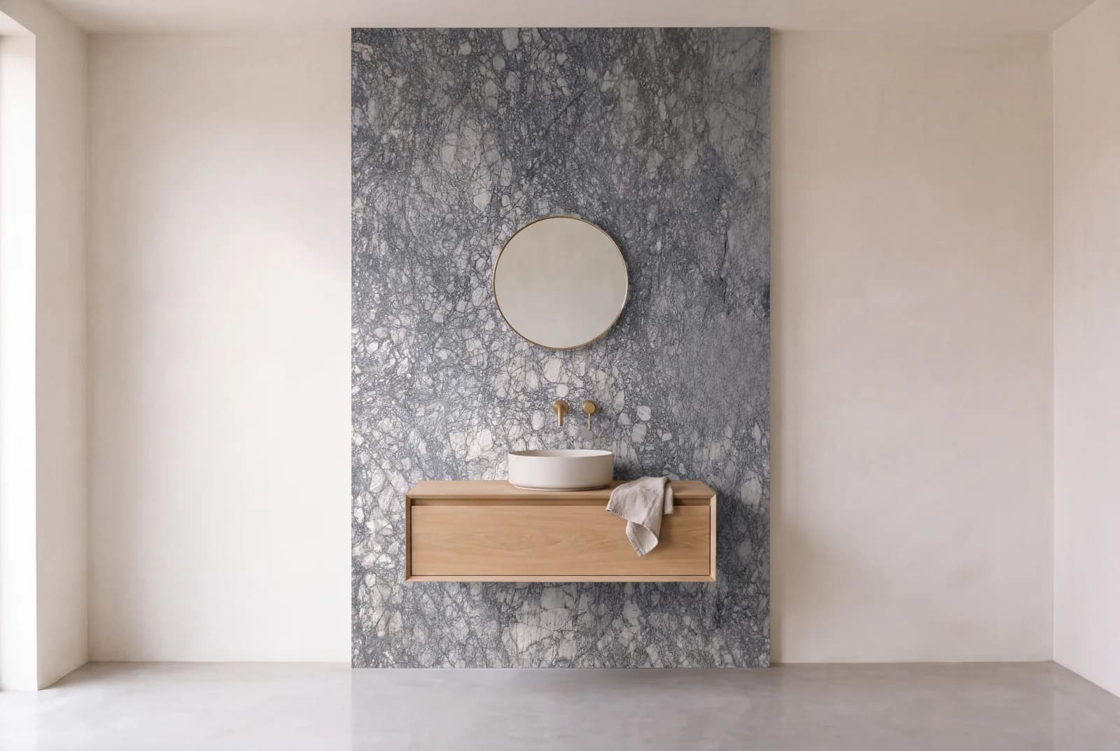 Visualization of Arabescato Leather as one slab behind a floating bathroom vanity