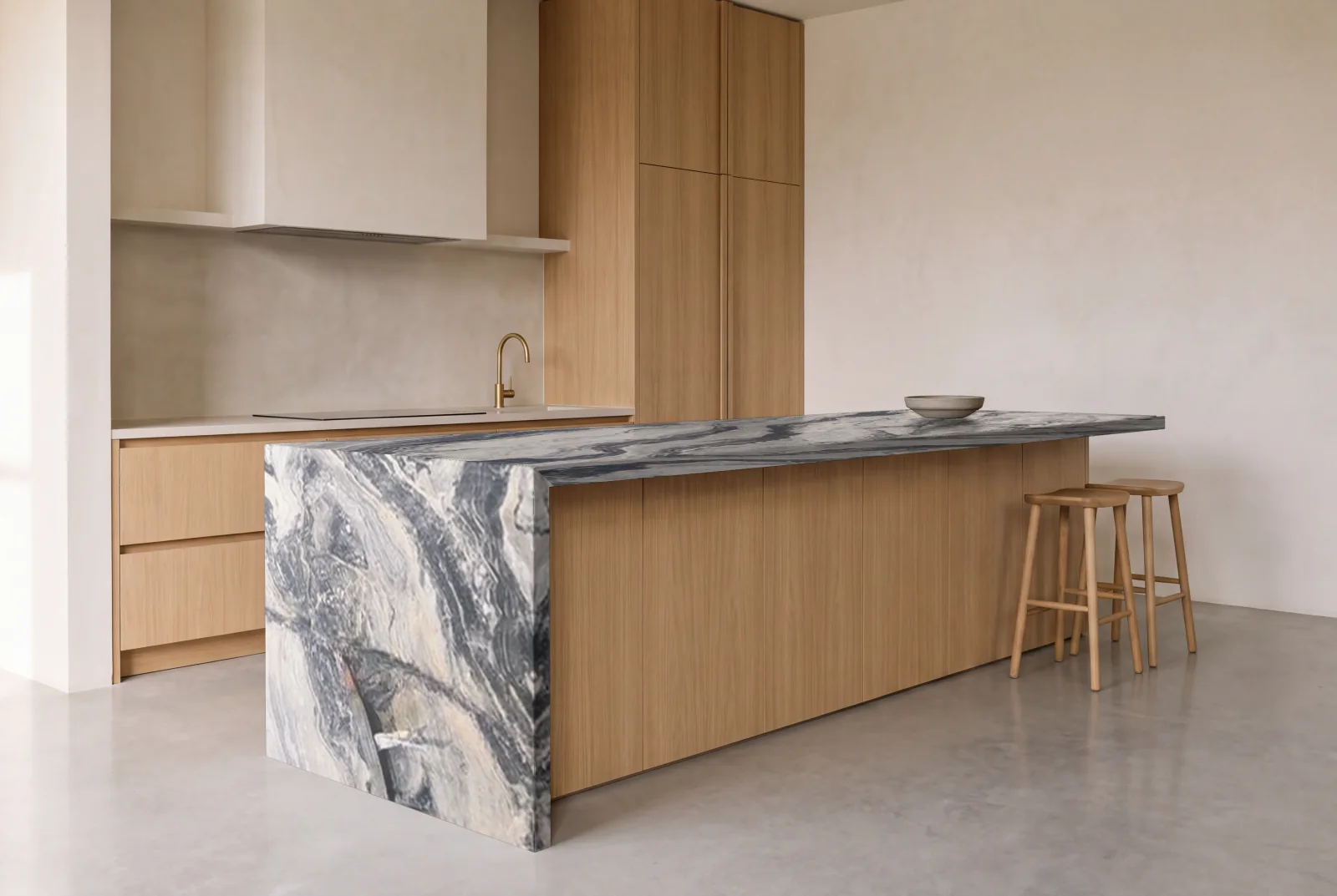 Visualization of Arabescato Orobioco honed as a waterfall island in an oak kitchen