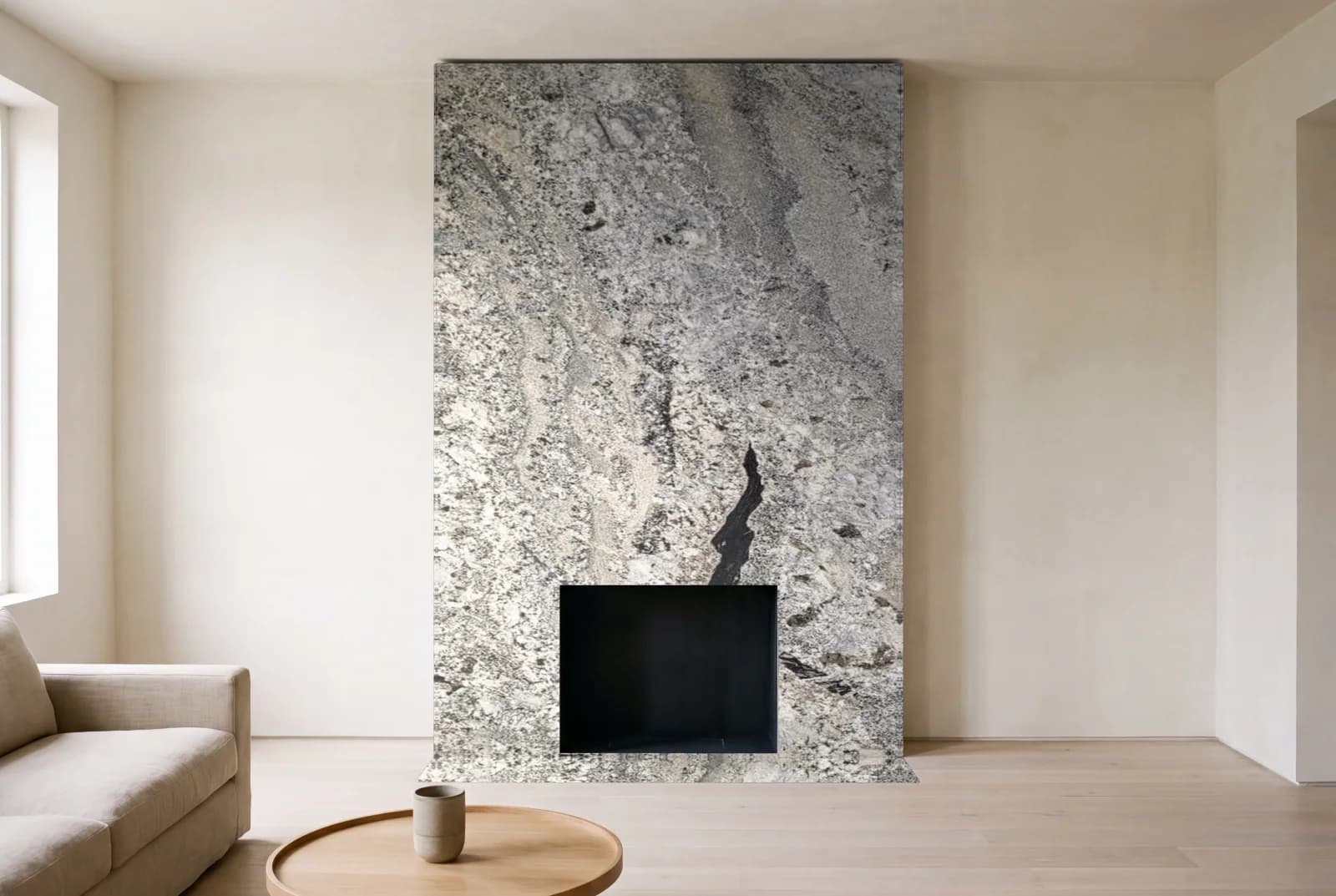 Visualization of Arara Blue as a floor-to-ceiling fireplace wall in a living room
