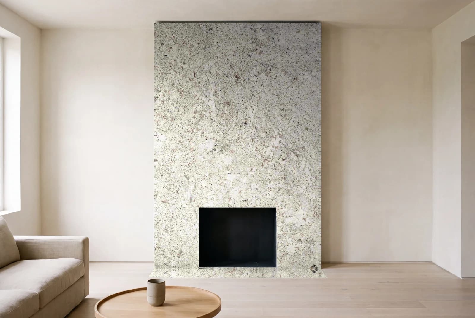 Visualization of Artic White as a floor-to-ceiling fireplace wall in a living room