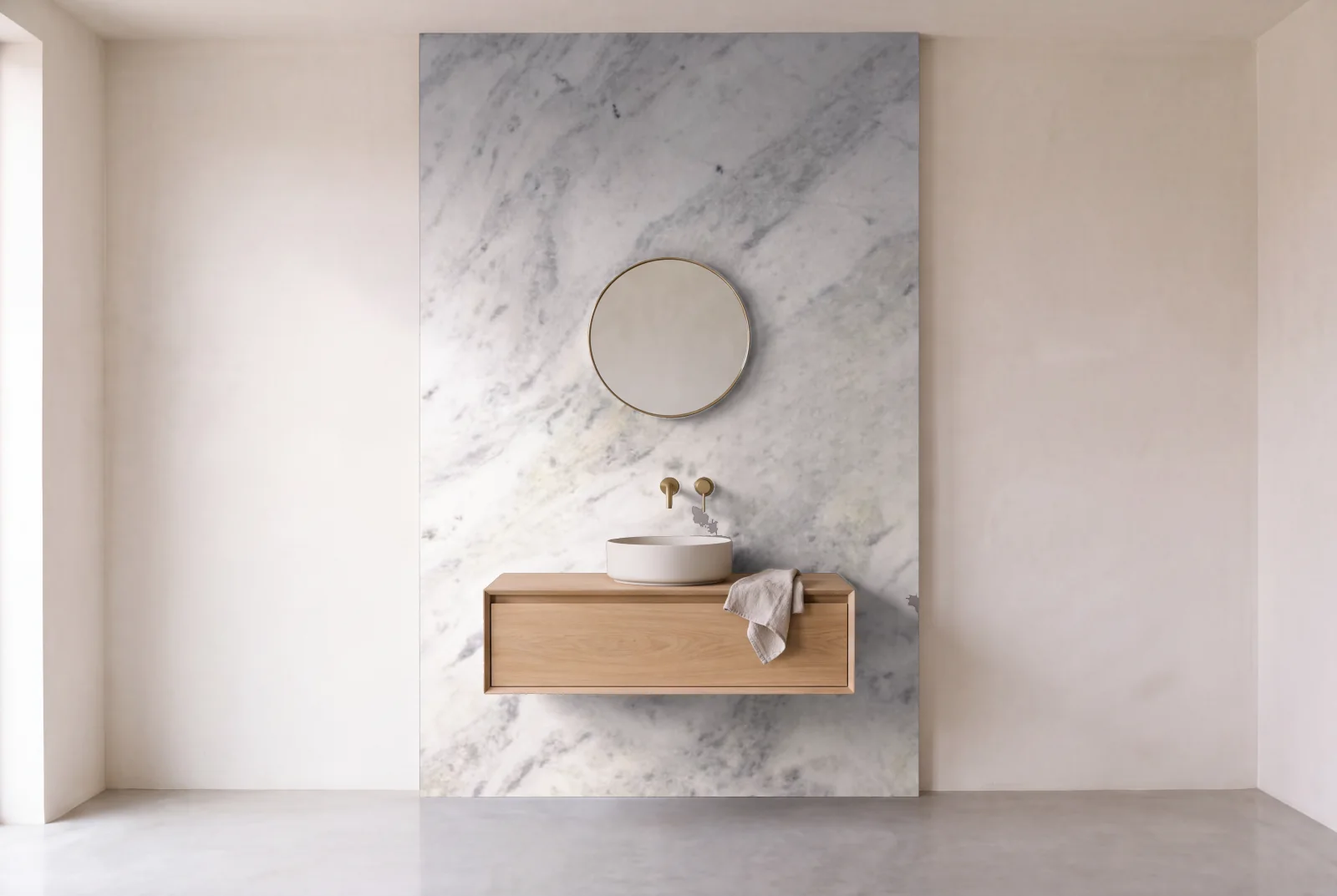 Visualization of Aspen White as one slab behind a floating bathroom vanity