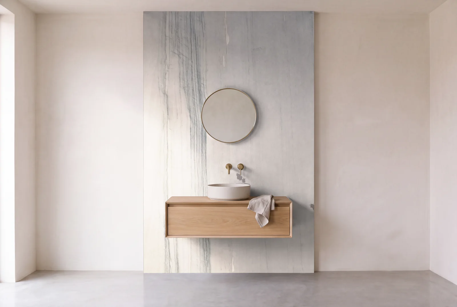 Visualization of Atlantic as one slab behind a floating bathroom vanity