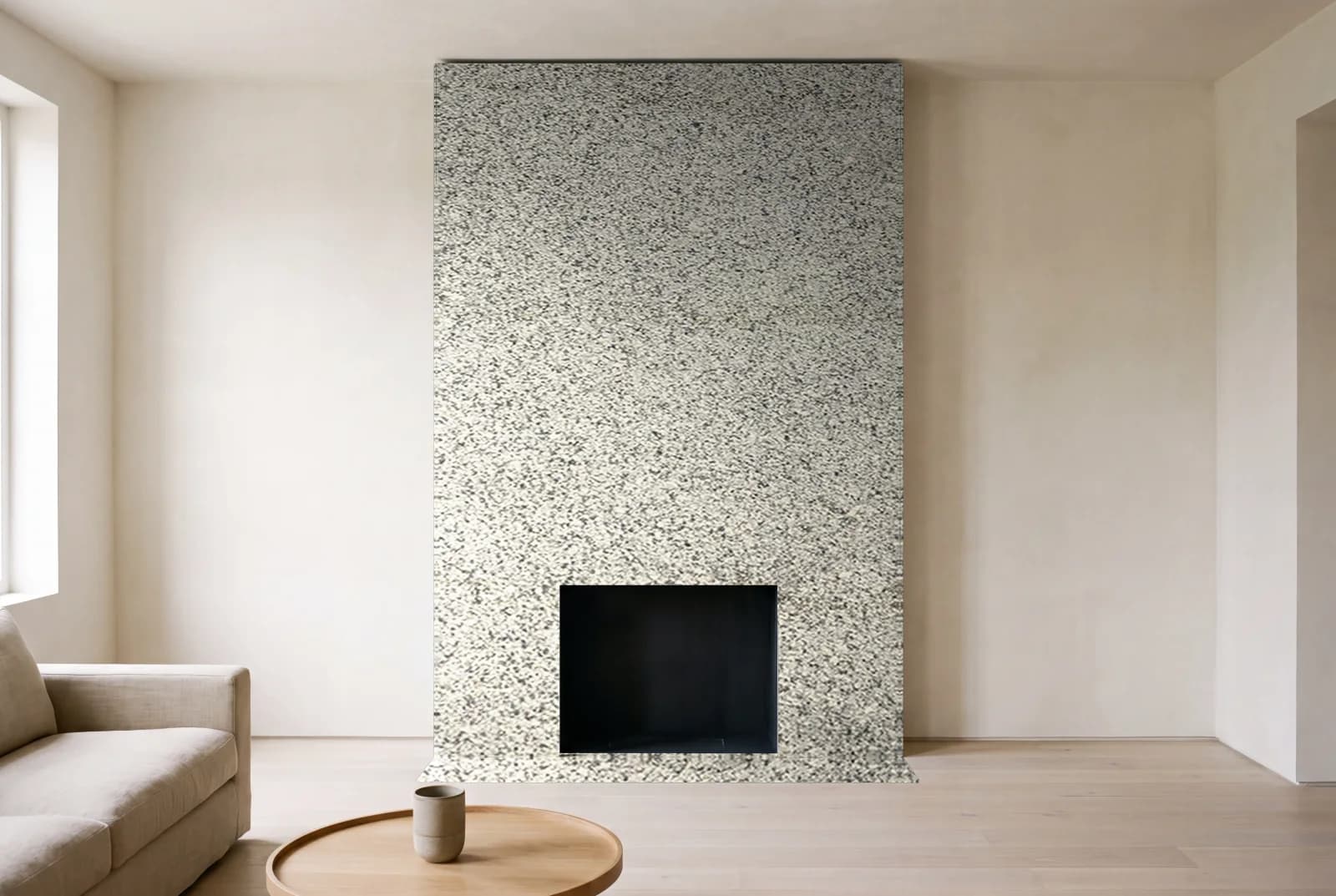 Visualization of Azul Platino as a floor-to-ceiling fireplace wall in a living room