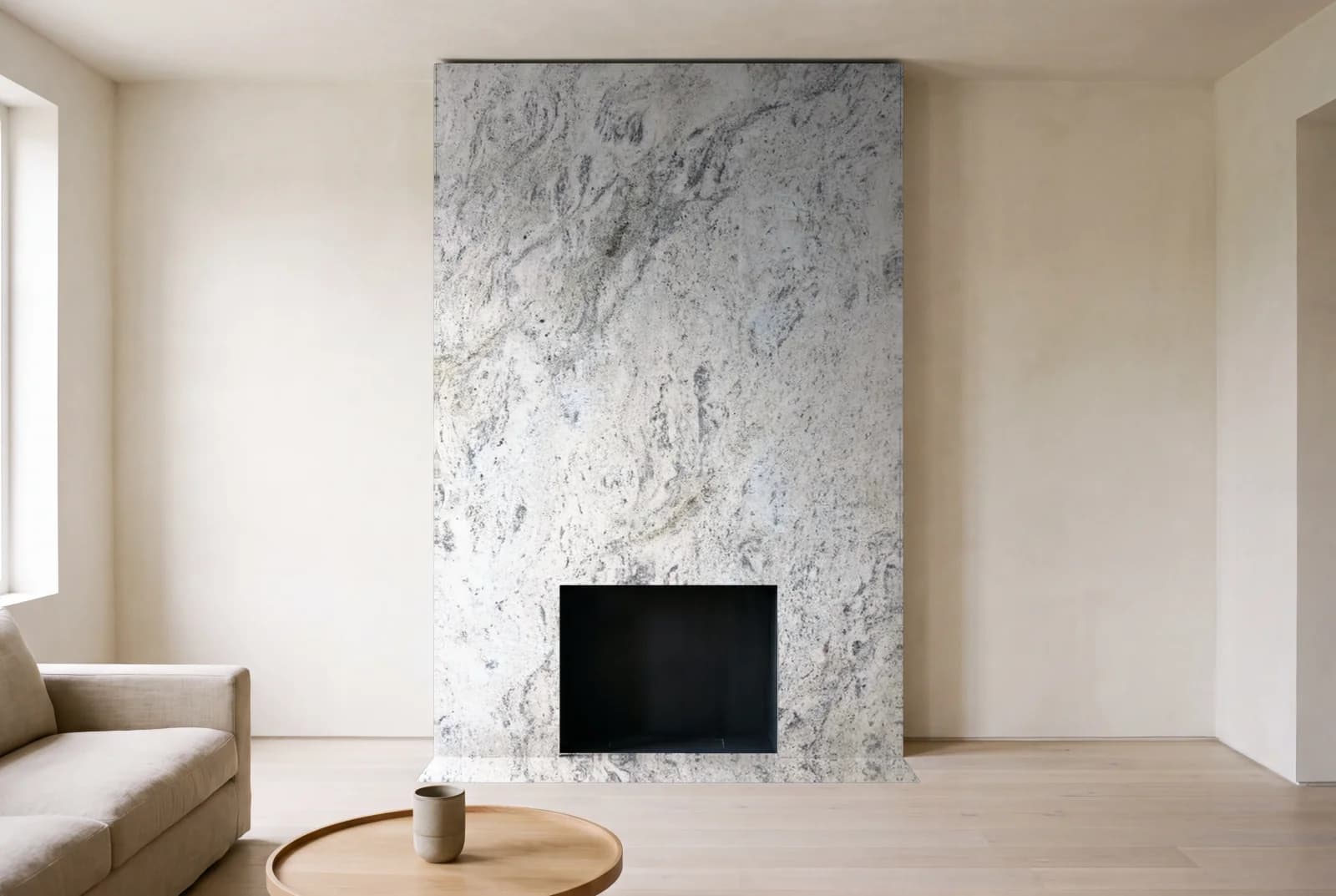 Visualization of Bahamas White as a floor-to-ceiling fireplace wall in a living room