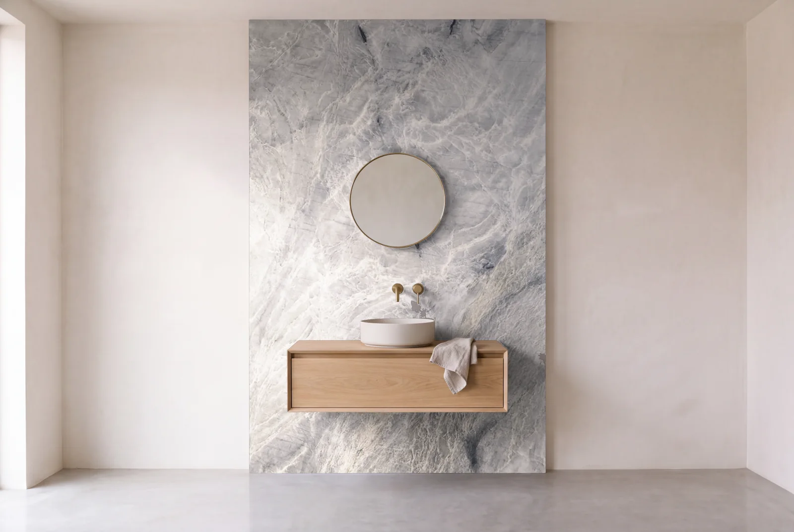 Visualization of Bali Blue Leather as one slab behind a floating bathroom vanity