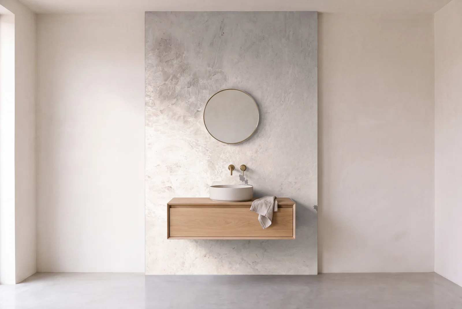 Visualization of Biancatto as one slab behind a floating bathroom vanity