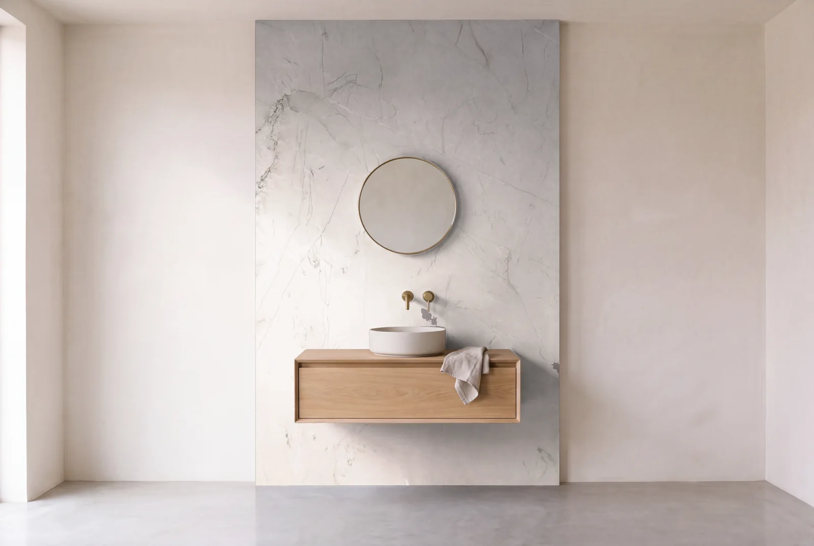 Visualization of Bianco Superiore Honed as one slab behind a floating bathroom vanity
