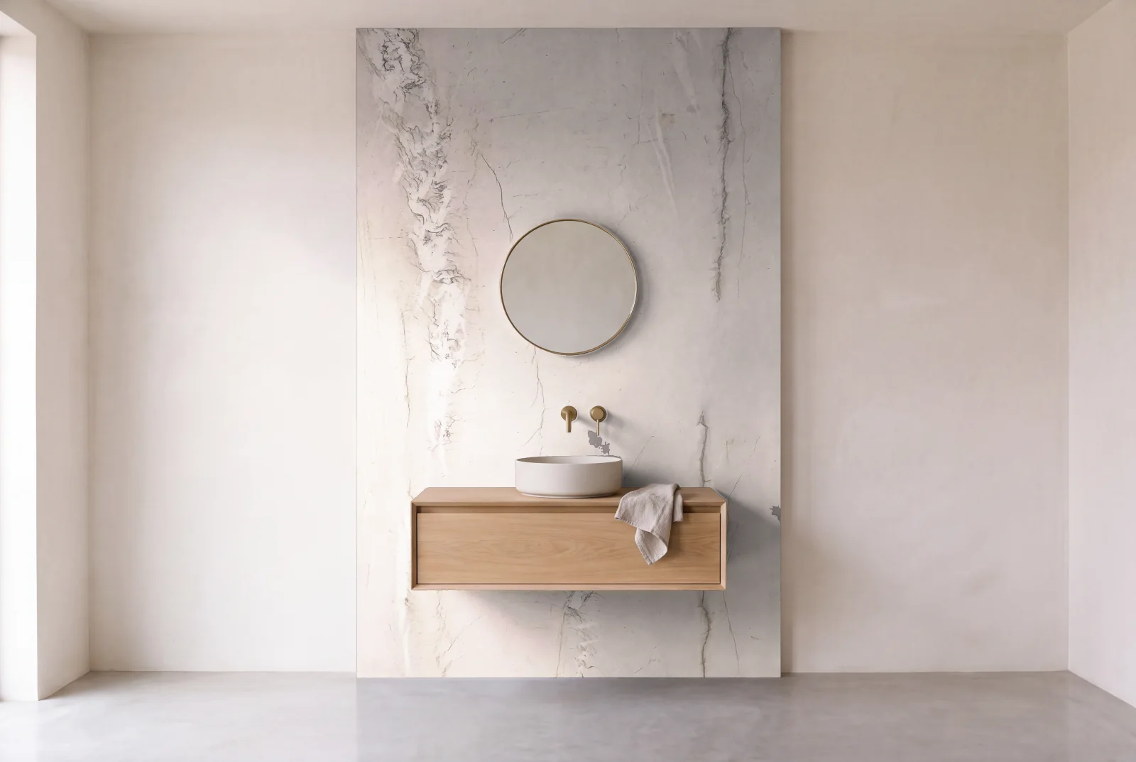 Visualization of Bianco Superiore Leather as one slab behind a floating bathroom vanity