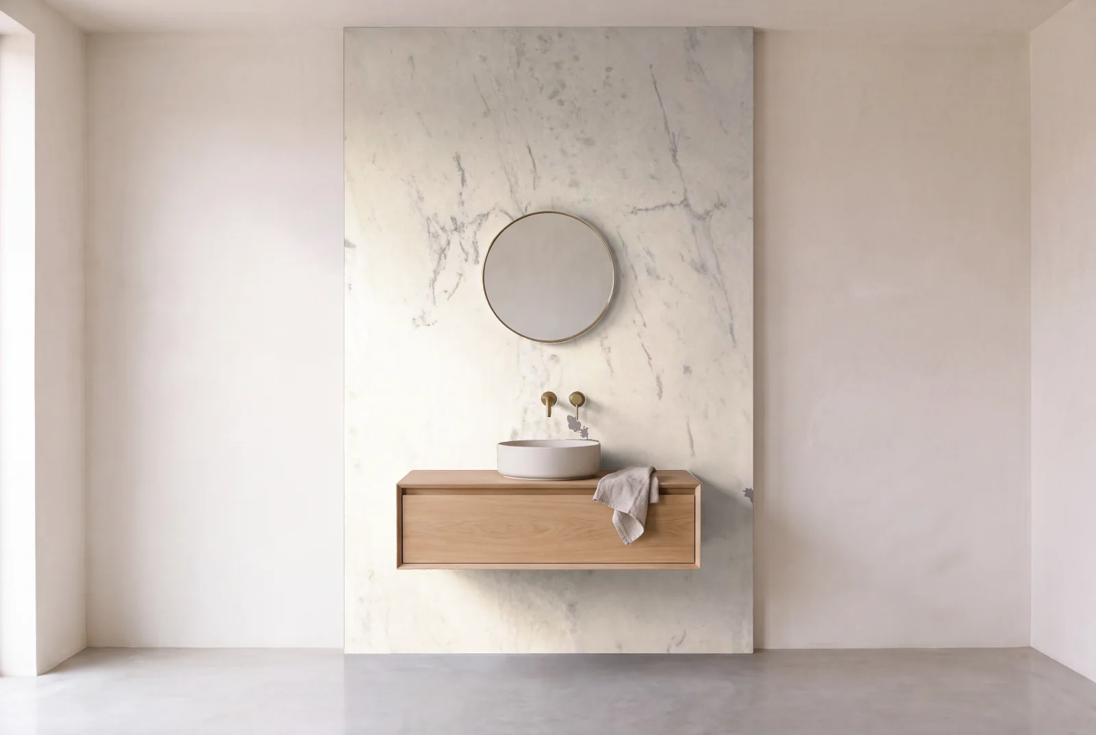 Visualization of Bianco Tesoro as one slab behind a floating bathroom vanity