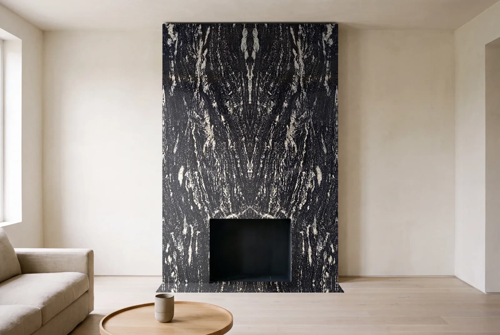Visualization of Black Forest as a floor-to-ceiling fireplace wall in a living room