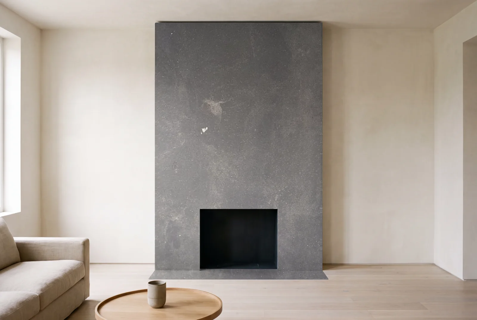 Visualization of Black Mist Leather as a floor-to-ceiling fireplace wall in a living room