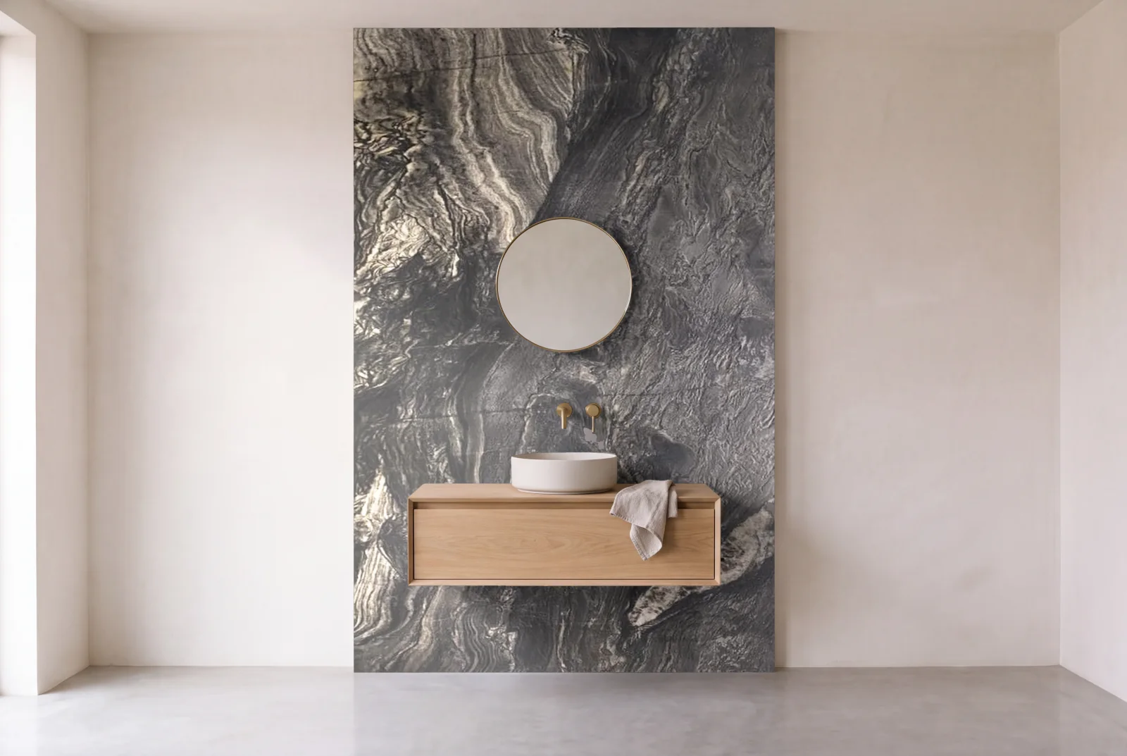 Visualization of Black Phanthus Leather as one slab behind a floating bathroom vanity