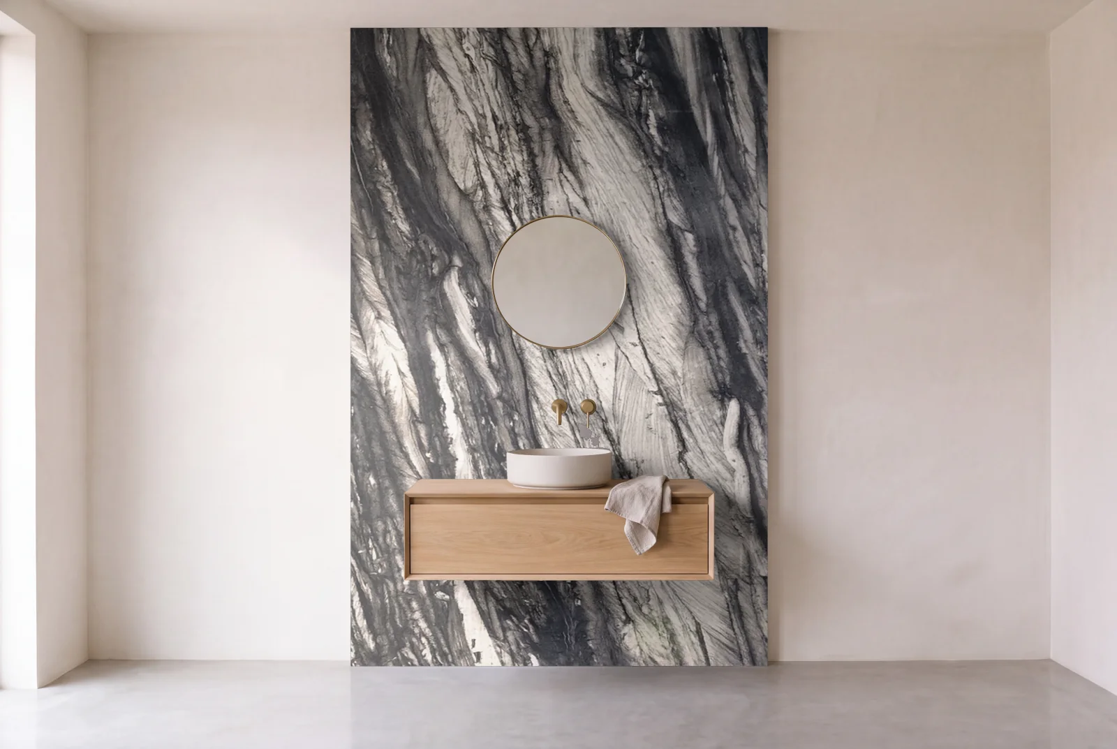 Visualization of Black Raj Dual Finish as one slab behind a floating bathroom vanity