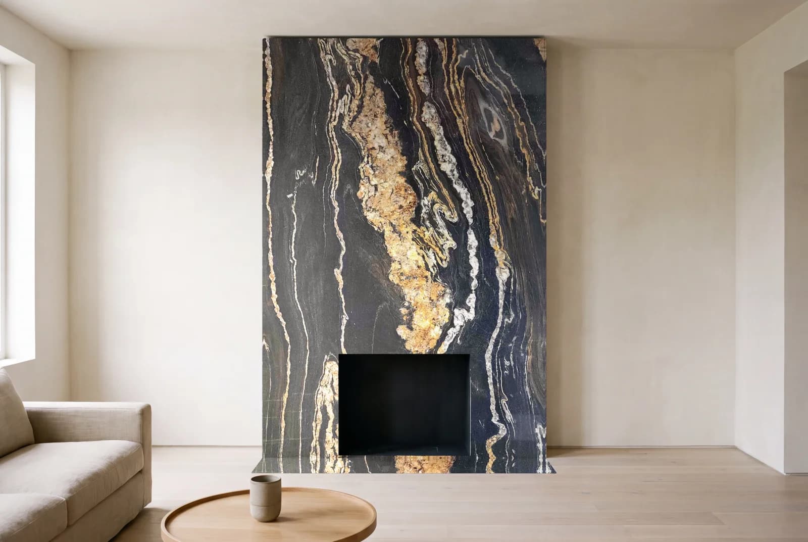 Visualization of Black Taurus as a floor-to-ceiling fireplace wall in a living room