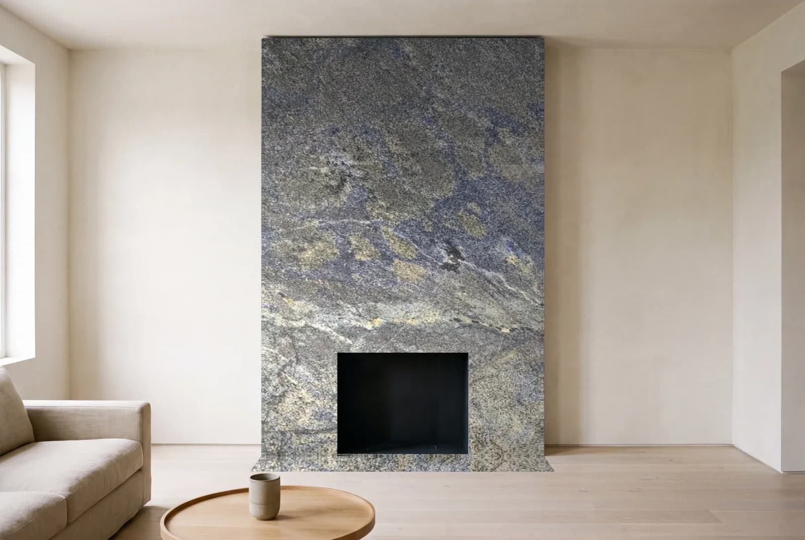 Visualization of Blue Bahia Leather as a floor-to-ceiling fireplace wall in a living room