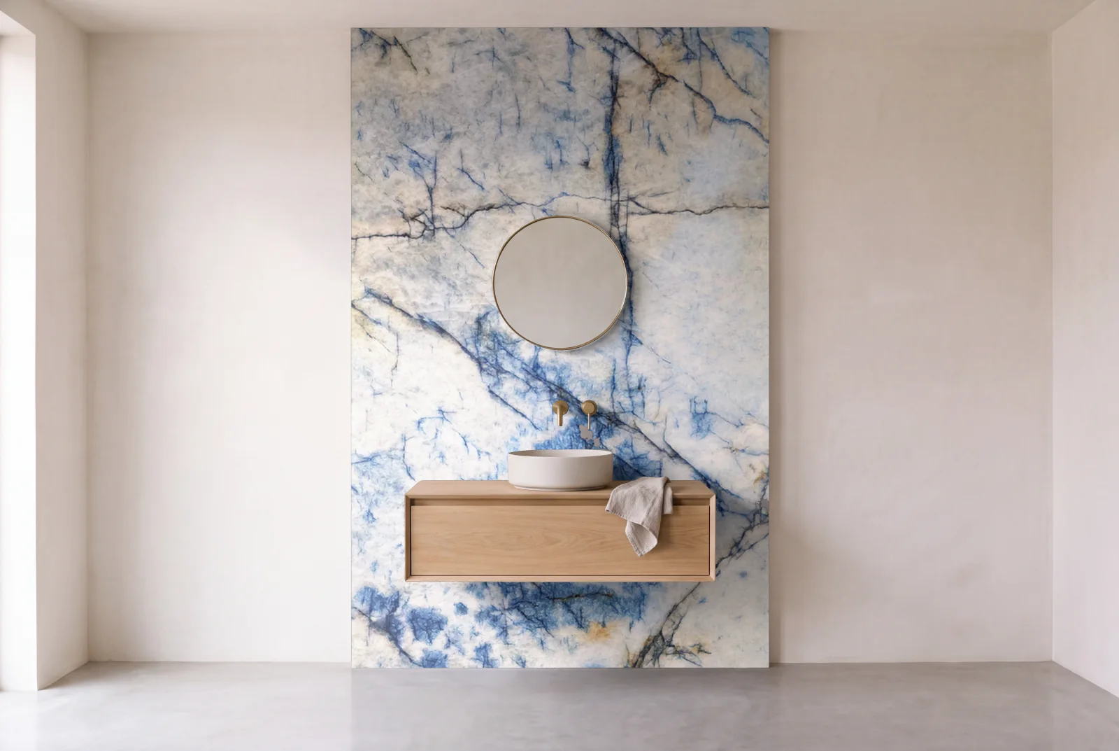 Visualization of Blue Cristal Leather as one slab behind a floating bathroom vanity