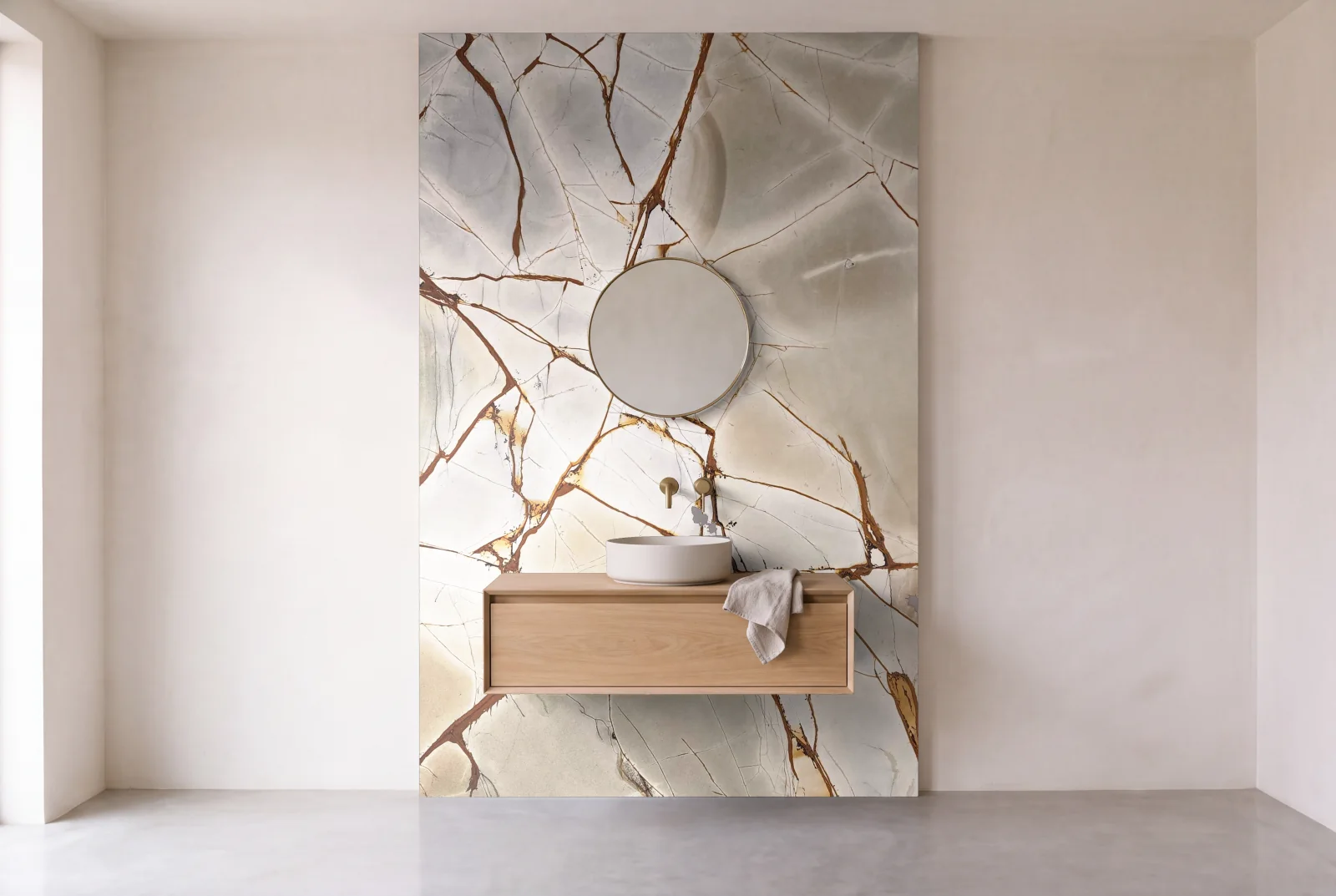 Visualization of Blue Deep as one slab behind a floating bathroom vanity