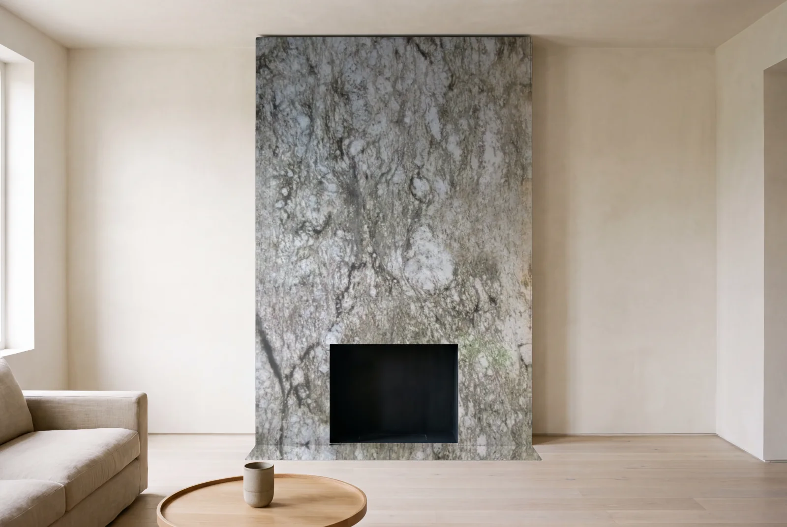 Visualization of Blue Dunes as a floor-to-ceiling fireplace wall in a living room