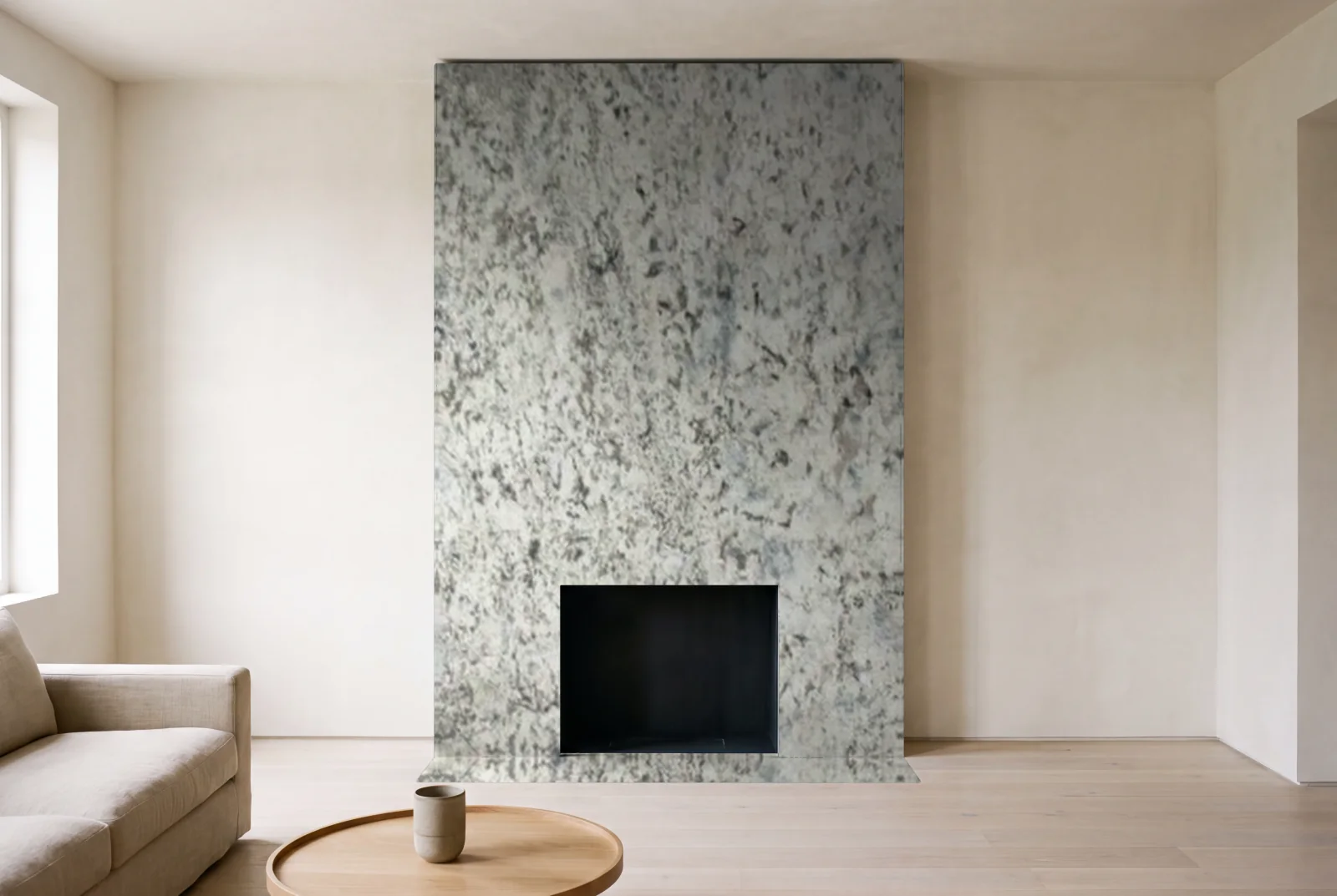 Visualization of Blue Flowers as a floor-to-ceiling fireplace wall in a living room