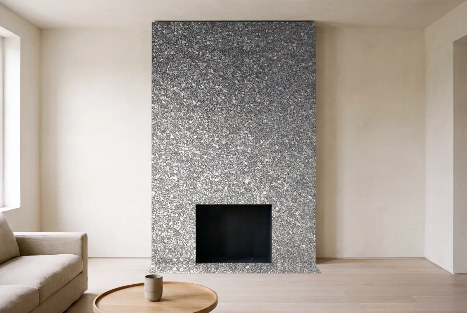 Visualization of Blue Pearl Dual Finish as a floor-to-ceiling fireplace wall in a living room