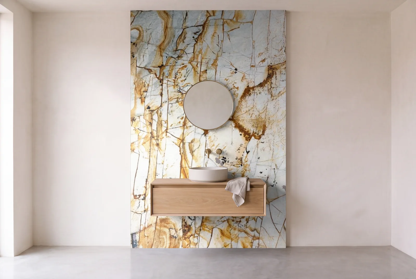 Visualization of Blue Roma as one slab behind a floating bathroom vanity