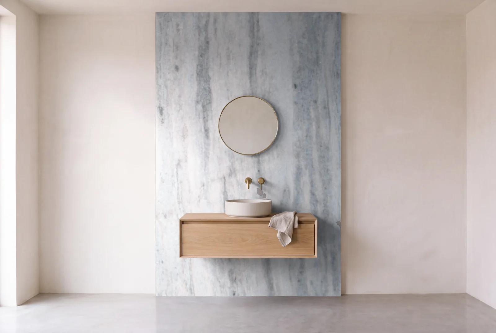 Visualization of Blue Shadow as one slab behind a floating bathroom vanity