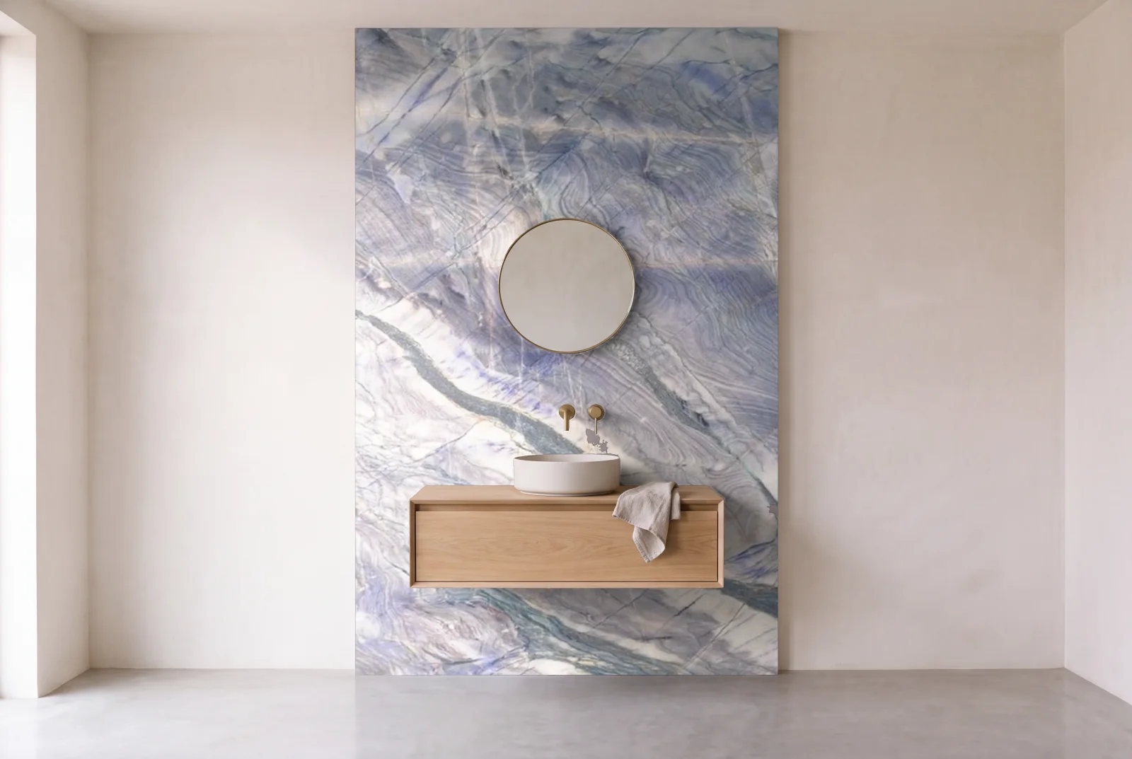 Visualization of Blue Shadow Leather as one slab behind a floating bathroom vanity