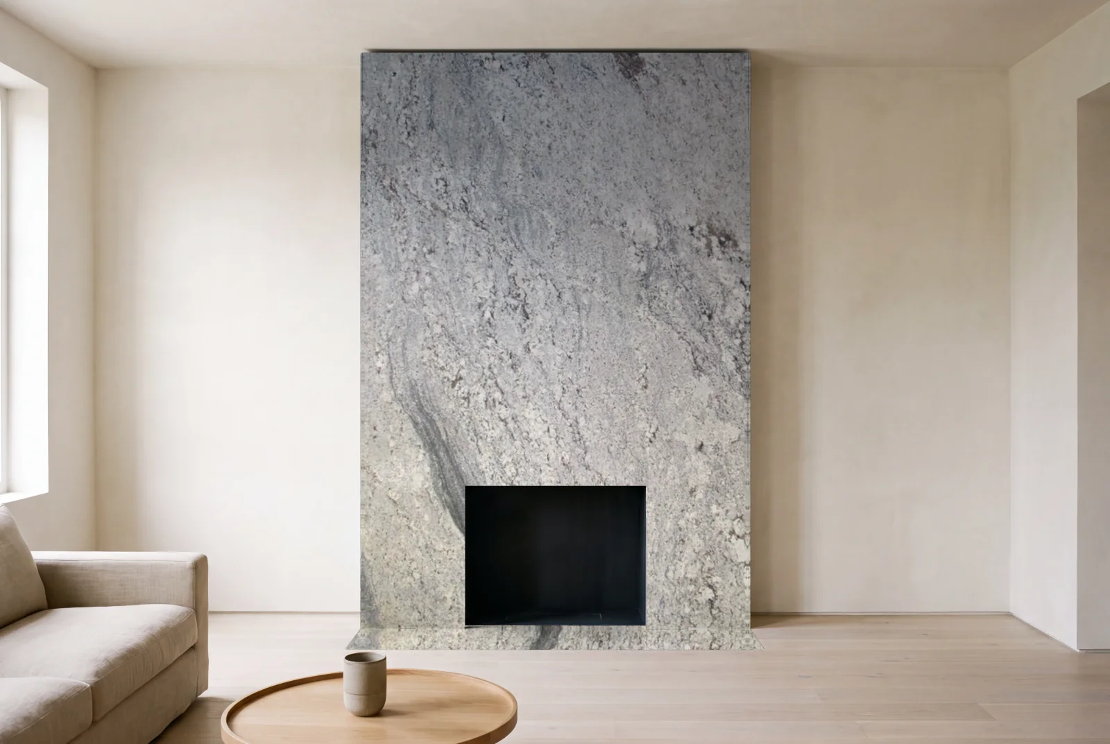 Visualization of Bonno as a floor-to-ceiling fireplace wall in a living room
